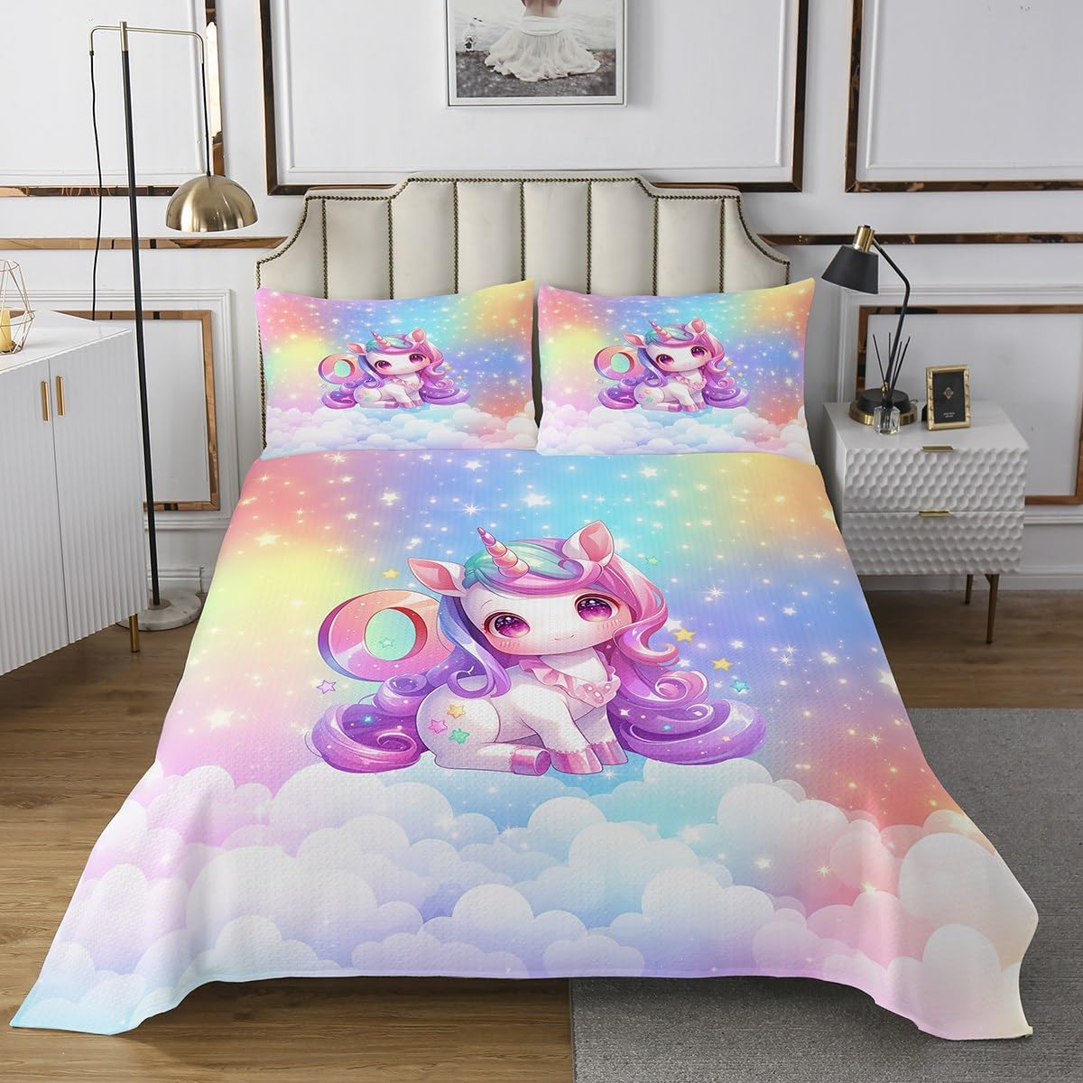 Castle Fairy Kawaii Unicorn Bedspread Twin Size,Beautiful and Lovely Print Comforter Set for Kids Teens Bedroom Decor,White Feather Bedding Set 2pcs,1 Pillowcase