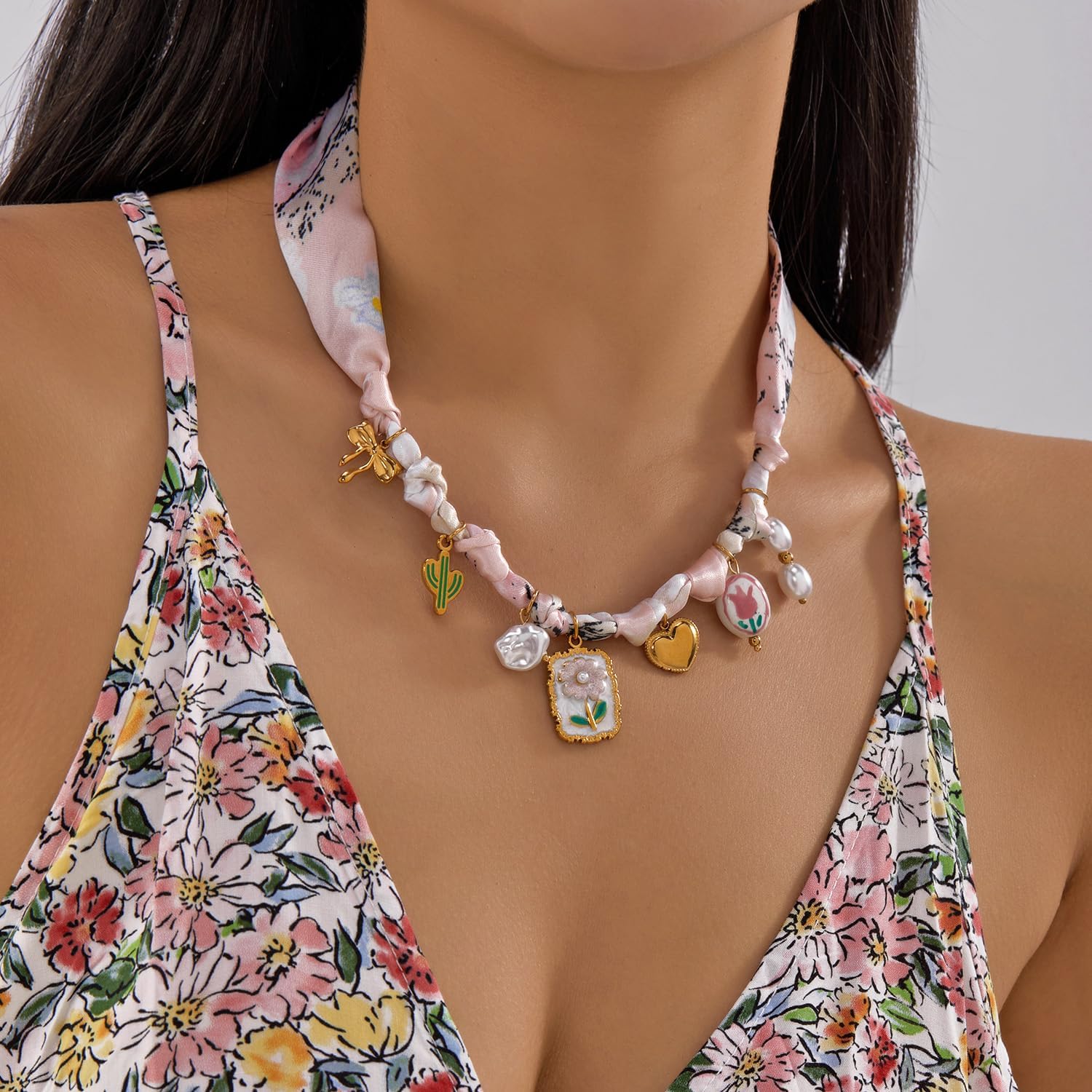 RINHOO FRIENDSHIP Silk Scarf Necklace for Women - Adjustable Boho Vintage Bandana Choker with 18K Non-Tarnish Gold Charms (Assorted Pendants & Patterns) Layered Jewelry Gift Box - Image 2