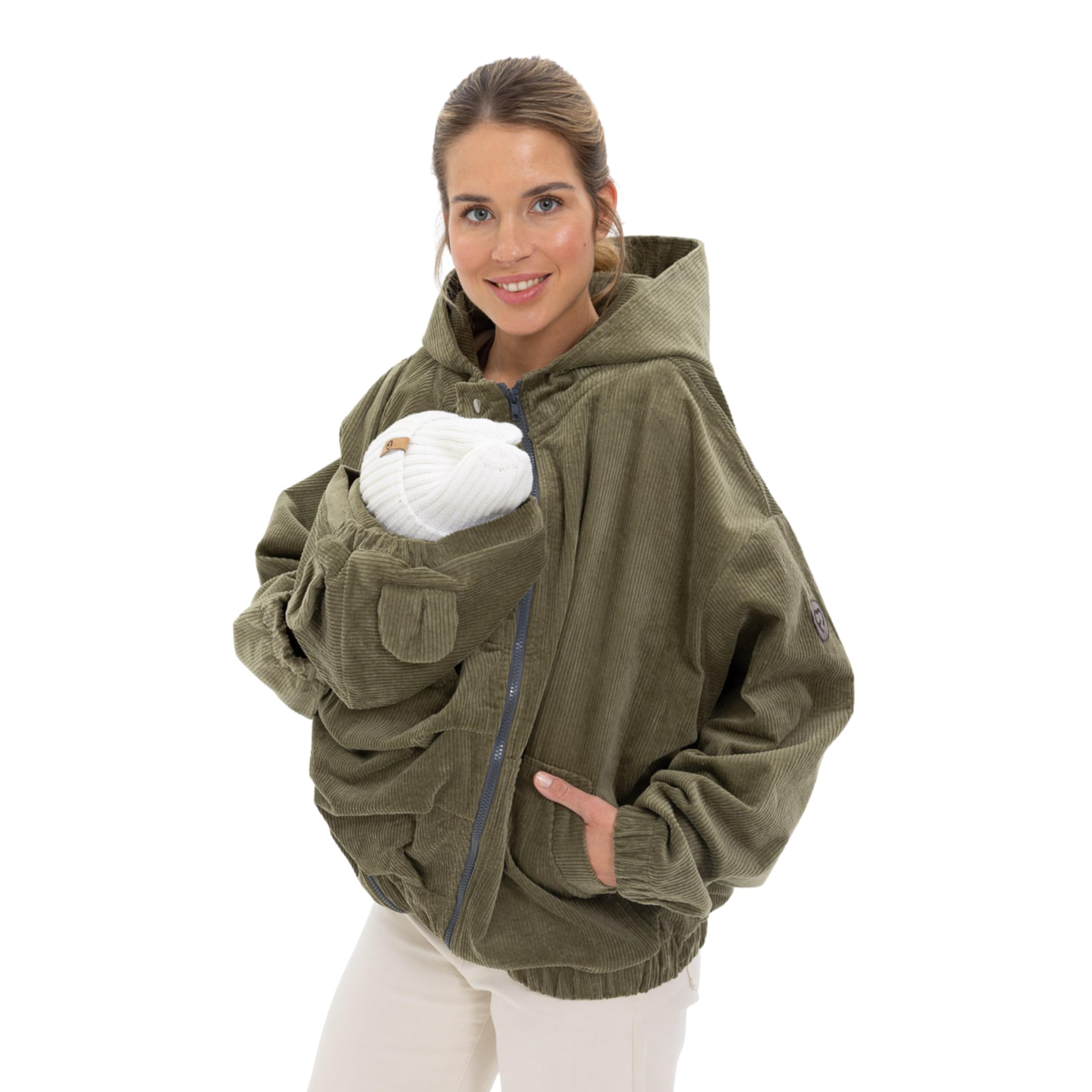 fun2bemum Cordjacke 3 in 1 Tragejacke Baby Umstandsjacke Oversize Herbstjacke für Mama mit Babytrage aus Baumwolle mit Einsatz (Groß, Olive)