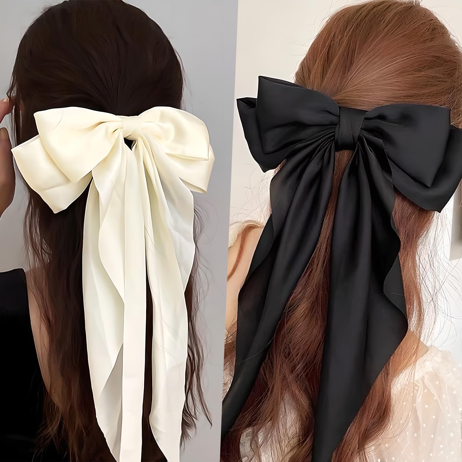YONEEKSS 3 PCS Large Hair Bows Bowknot Hair Ribbons Clip Hair Barrettes with Long Silky Satin for Women and Girls (Colours: Black - Image 4