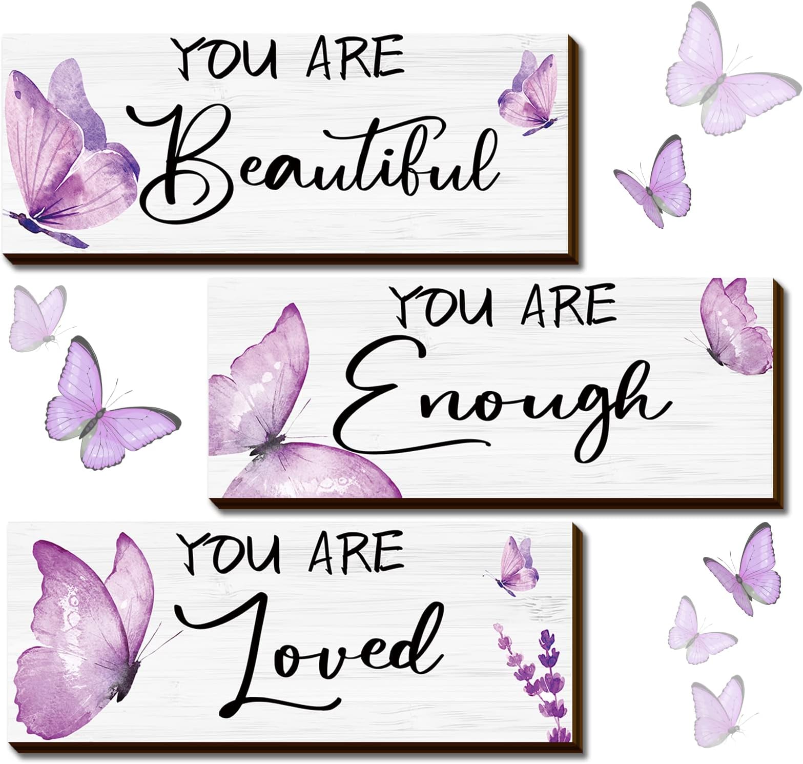 Geelin 3 Pcs Butterfly Wall Decor Purple Butterfly Wall Art Inspirational Quote Sign Wooden Hanging Room Decor for Teen Girls Women Nursery Bedroom Office(9.84 x 3.94 Inch,Loved Beautiful Enough)