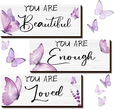 Geelin 3 Pcs Butterfly Wall Decor Purple Butterfly Wall Art Inspirational Quote Sign Wooden Hanging Room Decor for Teen Girls Women Nursery Bedroom Office9.84 x 3.94 Inch,Loved Beautiful Enough