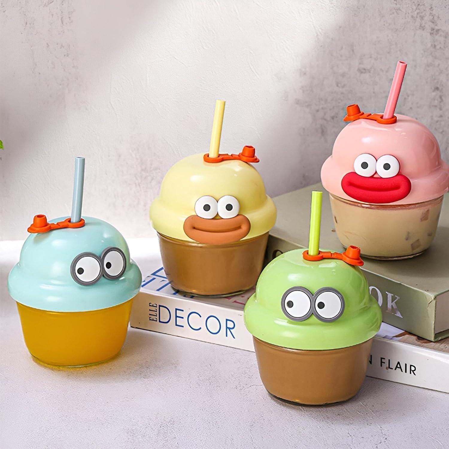 Glass Tumbler with Straw and Funny Cartoon Lid for Kids, 210ml Portable Milk Straw Cup Reusable Travel Coffee Sipper Mug for Juice, Iced Tea, Smoothie Home & Travel