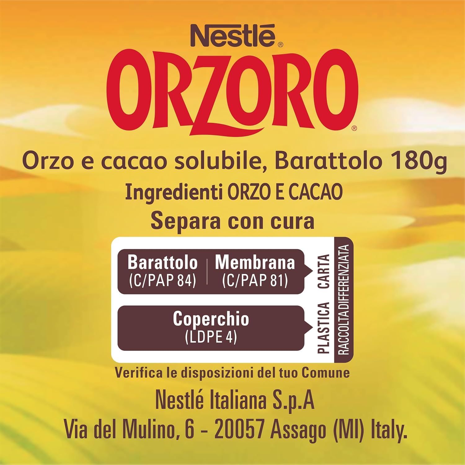 Italian Gourmet Orzoro Orge & Cacao Soluble Nestlé – Lot de 6 x 180 g – Boisson chaude instantanée à l’orge et cacao, goût doux et gourmand, alternative au café, petit-déjeuner + Italian Gourmet Polpa