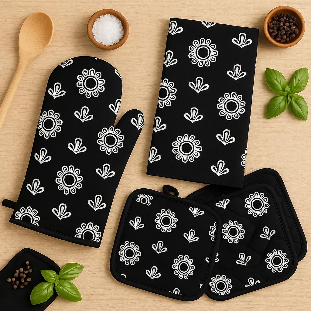 4-Piece Black & White Floral Kitchen Set – Oven Mitt, Dish Towel, 2 Pot Holders | Heat Resistant Cotton | Modern Kitchen Decor & Cooking Gift Set