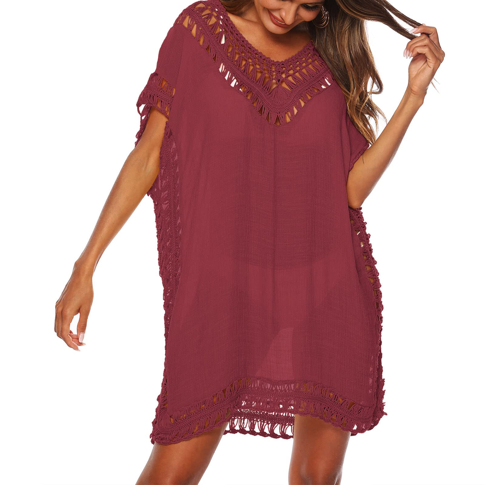 Baynetin Vestido de Playa para Mujer- Cuello en V, Manga Corta, Pareos y Camisola de Playa Sexy Hueco Traje de Baño Punto Bikini Cover up