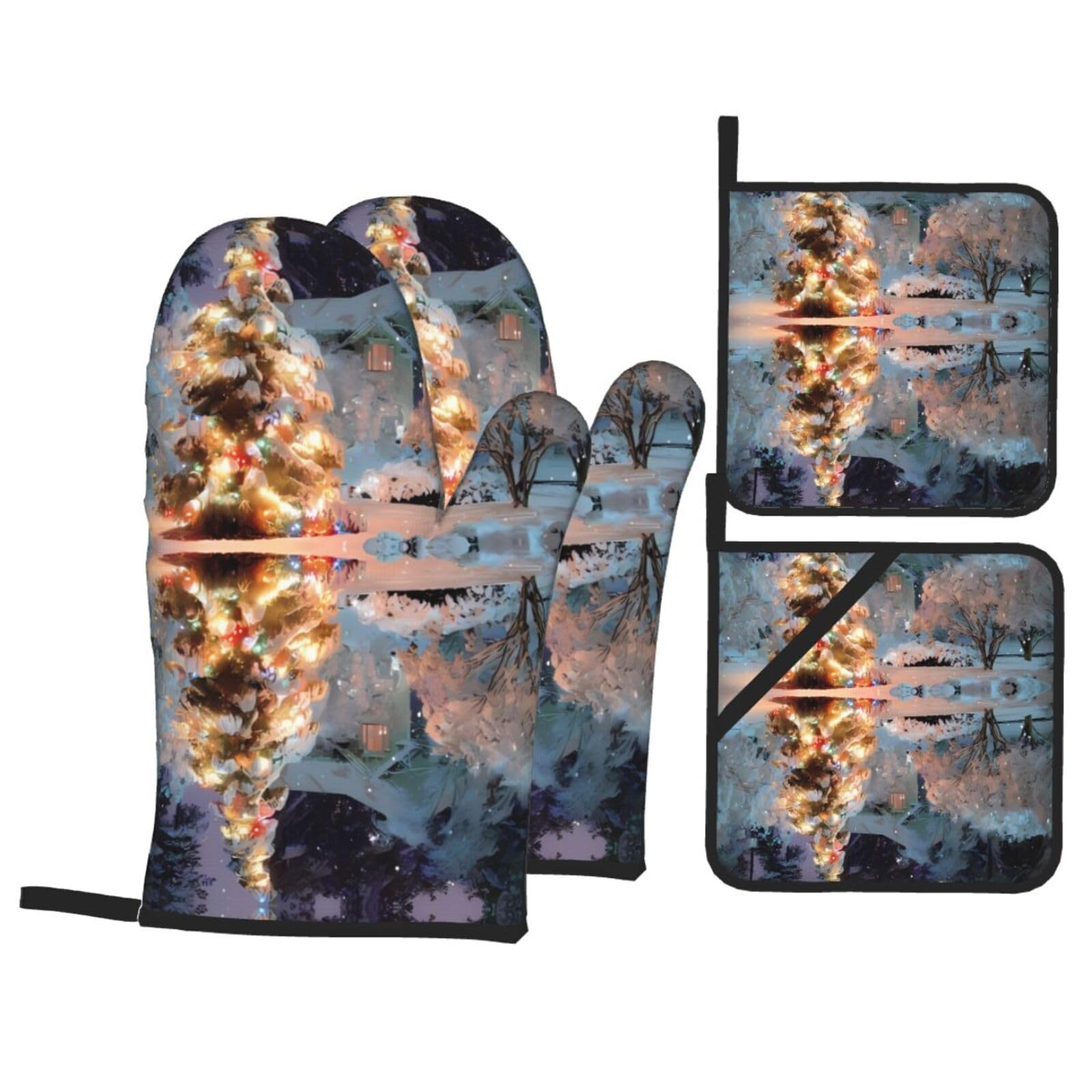 HJFCZH Christmas Tree Snow Prints Kitchen Throw Set: Durable Oven Layers with Waterproof Polyester – 4 Piece Heat Protection System