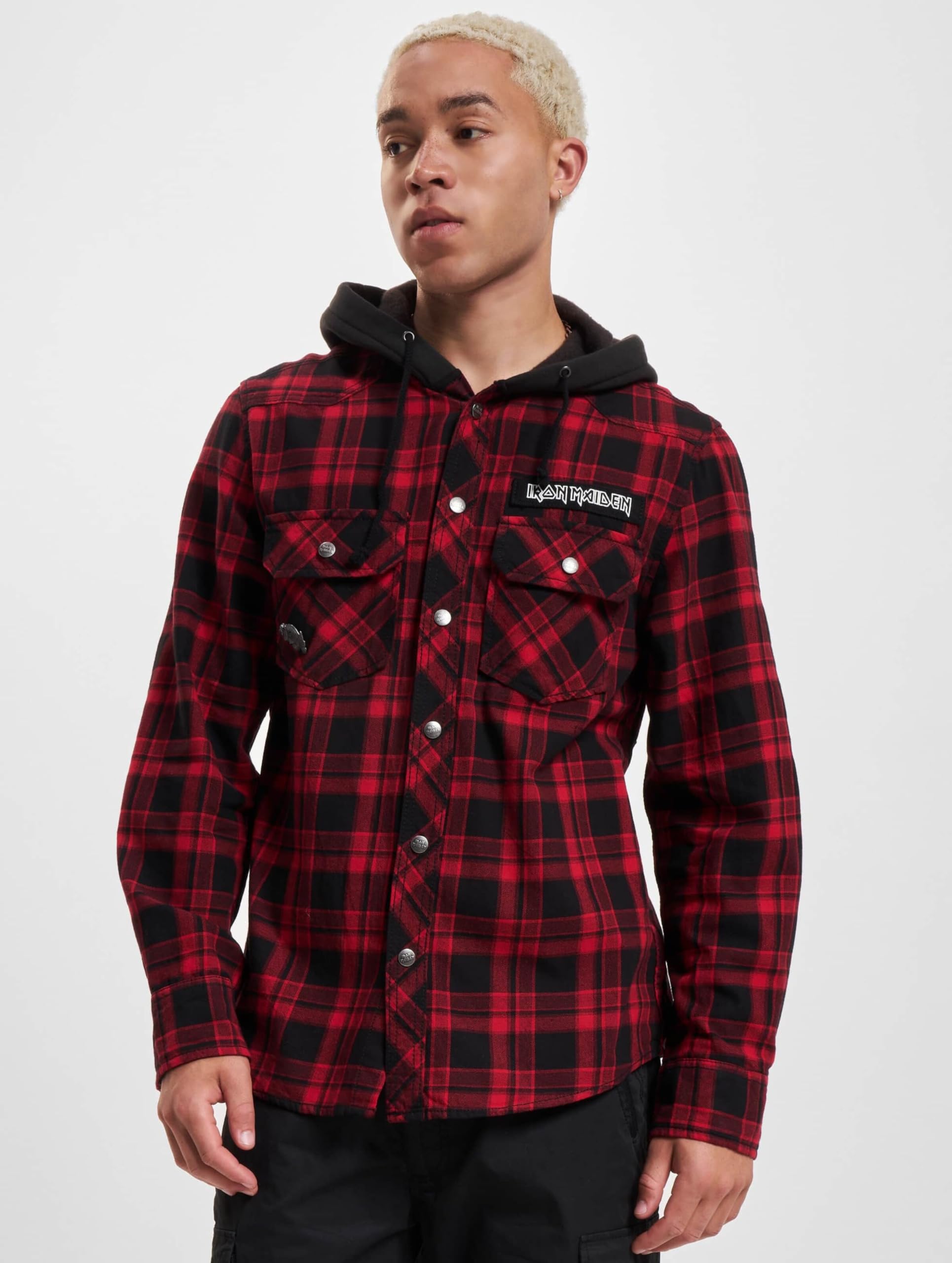 Iron Maiden Check Shirt Hooded Eddie Männer Langarmhemd schwarz/dunkelrot