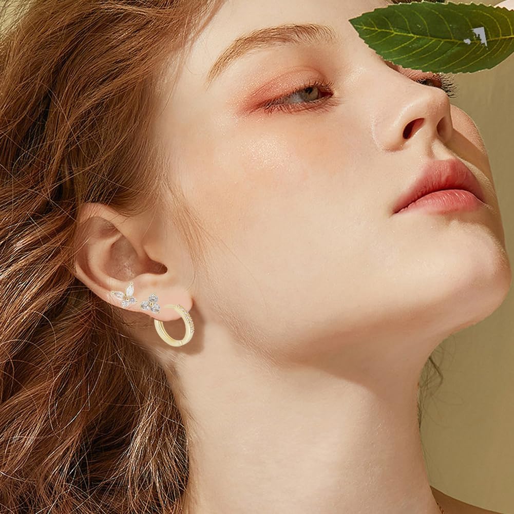 Beebeecraft 1 Box 3Pcs Cubic Zirconia Earrings 14K Gold Plated Brass Butterfly Round Hoop Earring Studs for Women