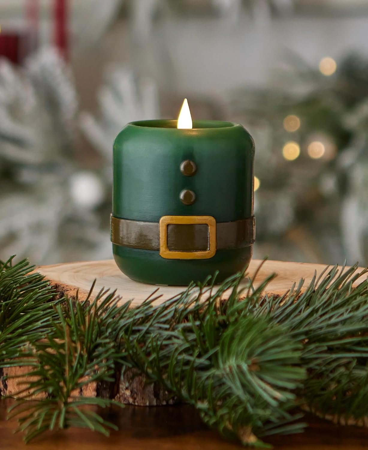 Seasonal LLC Elf Led Soft Flame 4X5 Unscented flameless Candle | Wax Material Construction | Green Color | Remote Control Included Battery Operated