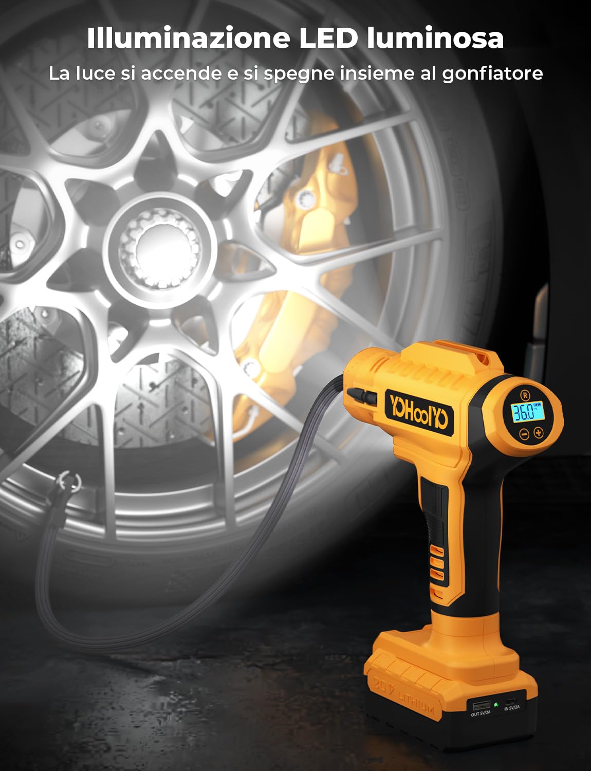 YOHOOLYO Compressore Aria Portatile per Pneumatici 150PSI Manometro Digitale LCD, luci a LED, Adatta per Auto,Biciclette, Moto e Palloncini