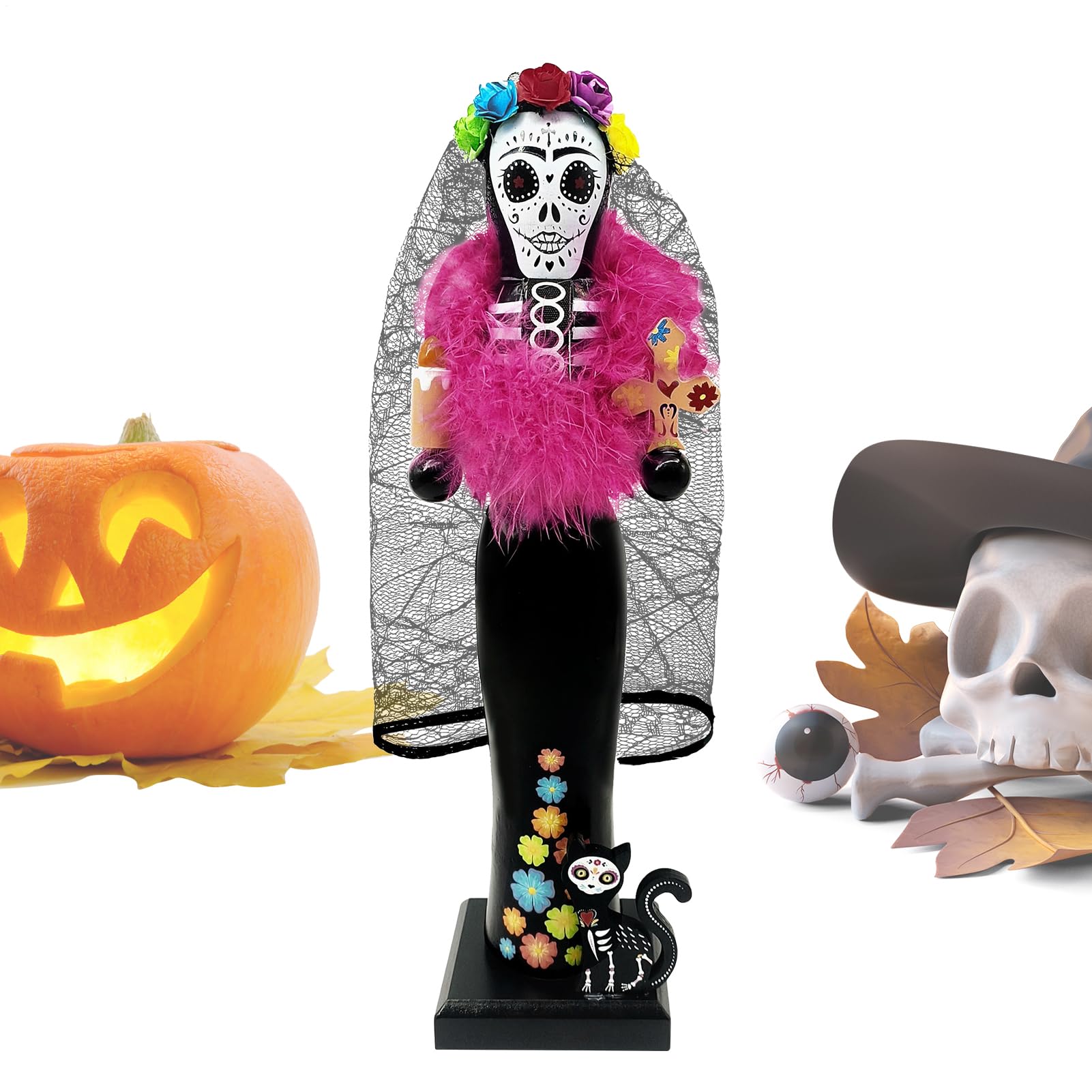 Casse-noisette Dia de Muertos 35 cm en bois avec chat Generico