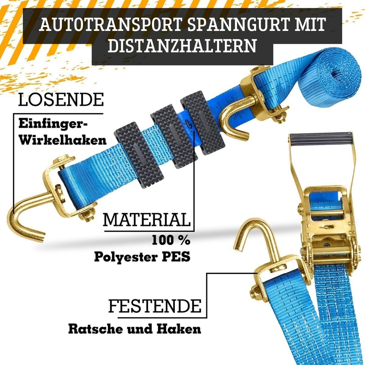 Safetytex Spanngurt Autotransport 4 Stück 50 mm Radsicherung | 3 Distanzhaltern, sichere Fixierung von Fahrzeugen, geeignet für PKW-Trailer, robuste Ausführung für zuverlässigen Transport