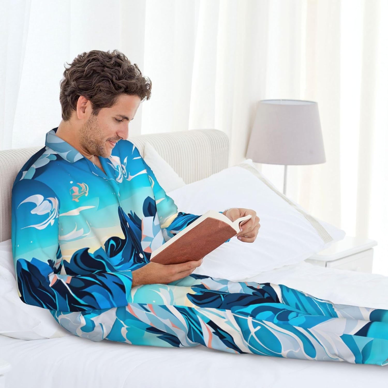 Ocean Wave Print Luxurious Mens Pajamas Set,Breathable Pajamas Set,Perfect For Lounging Bed,Sofa