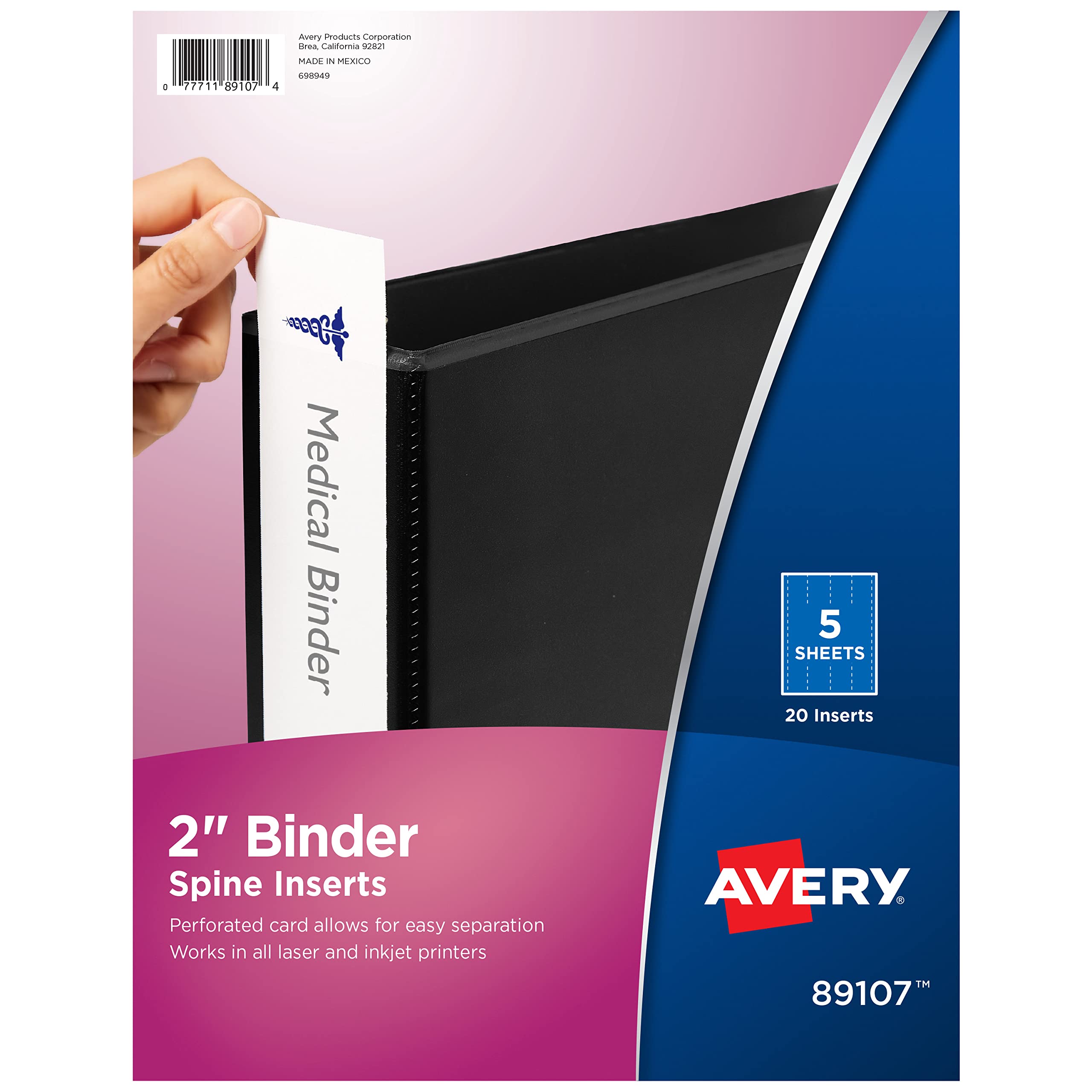 Avery Binder Spine Inserts, for 2 Inch Ring Binders Containing 2.8" Spine Width, 20 Cardstock Inserts (89107)