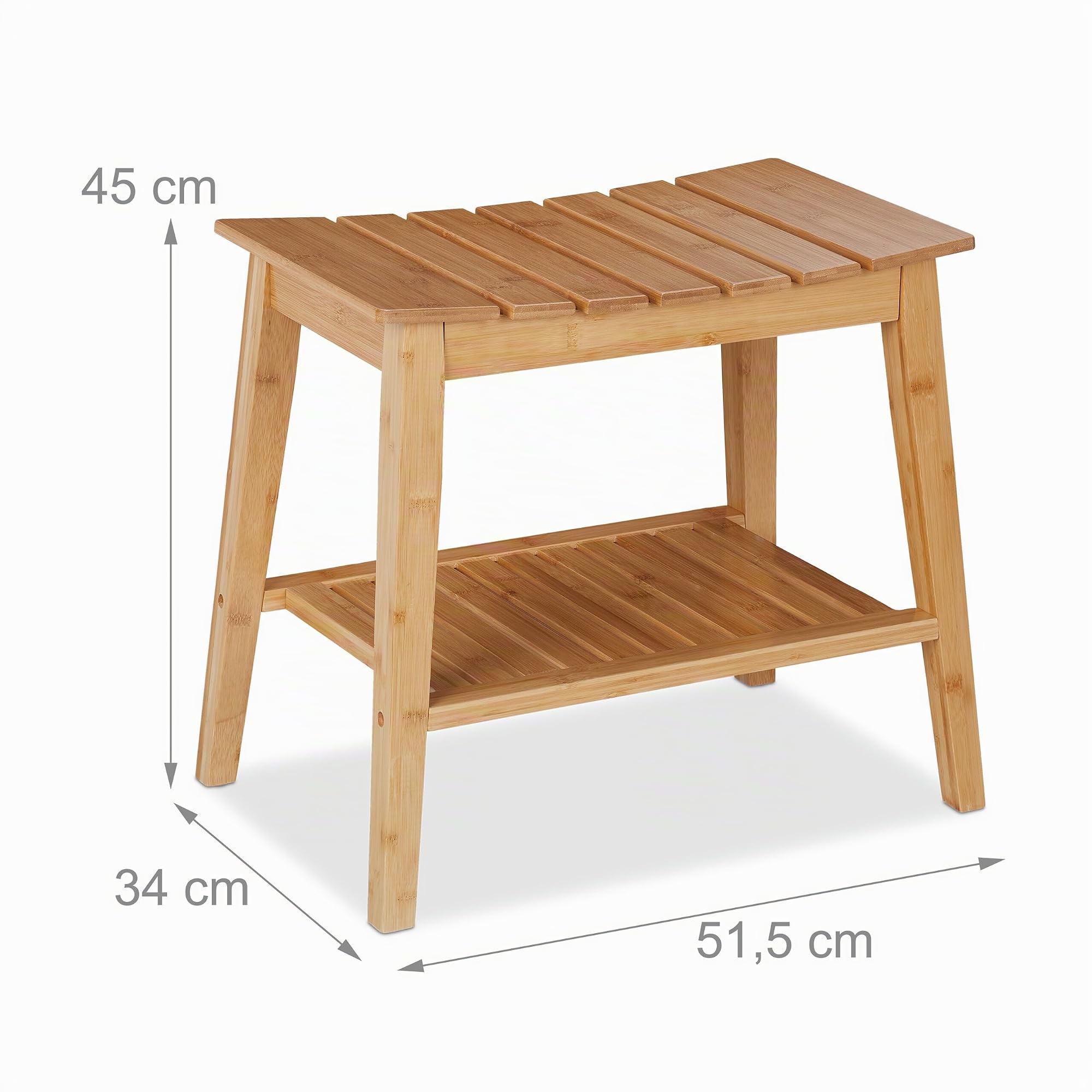 Relaxdays Sgabello da Bagno con Ripiano, Mobiletto in bambù, 45 x 51,5 x 34 cm, Sgabellino per Corridoio, Marrone Chiaro