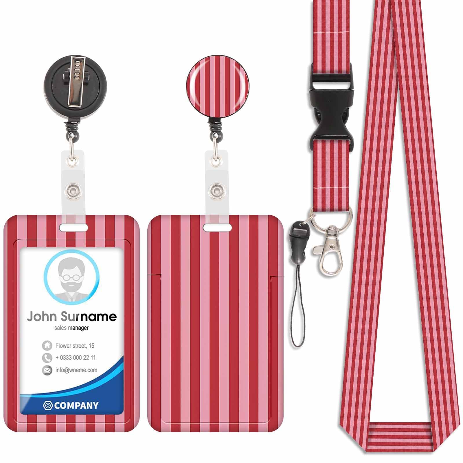 Badge Holder with Lanyard, ID Badge Holders with Detachable Cute Lanyard, Retractable badge Reel Carabiner Clip, Personalized Vertical Card Cover Case Protector for Nurse Teacher Student (Stripes-Red)
