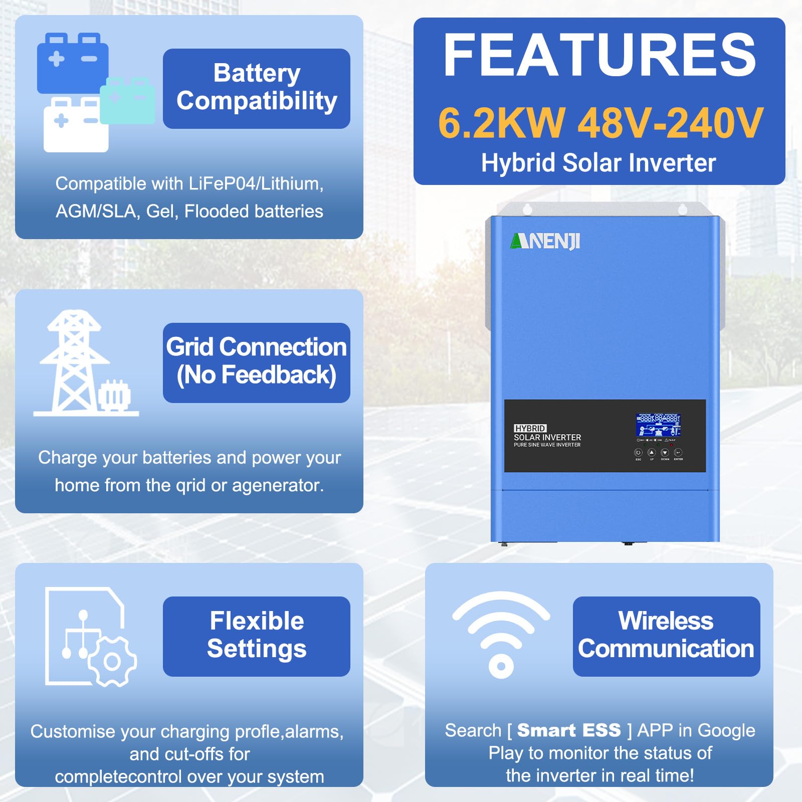 6200W Solar Hybrid Wechselrichter 48VDC zu 230VAC Reiner Sinus Wechselrichter mit 120A MPPT Solarladeregler, Max PV-Eingangsspannung 500V, für 48V Lithium Batterien,mit WiFi-Modul