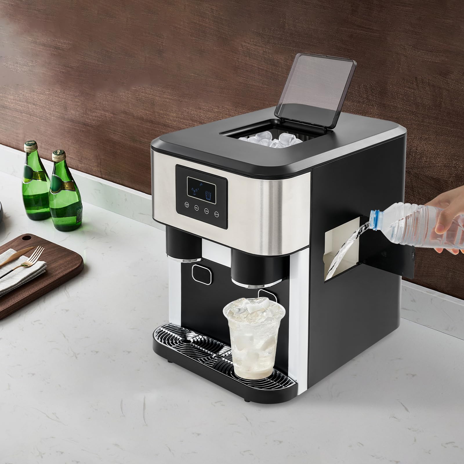 Macchina per il ghiaccio 3 in 1, per piano di lavoro, con funzione tritaghiaccio e acqua fredda, display LCD, produzione rapida del ghiaccio in 7-9 minuti, per casa, ufficio, caffè e bar