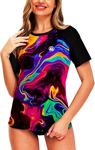 Vista 5 de AOBUTE Women Short Sleeve Rash Guard Gradient Sun Protection Swim Shirts