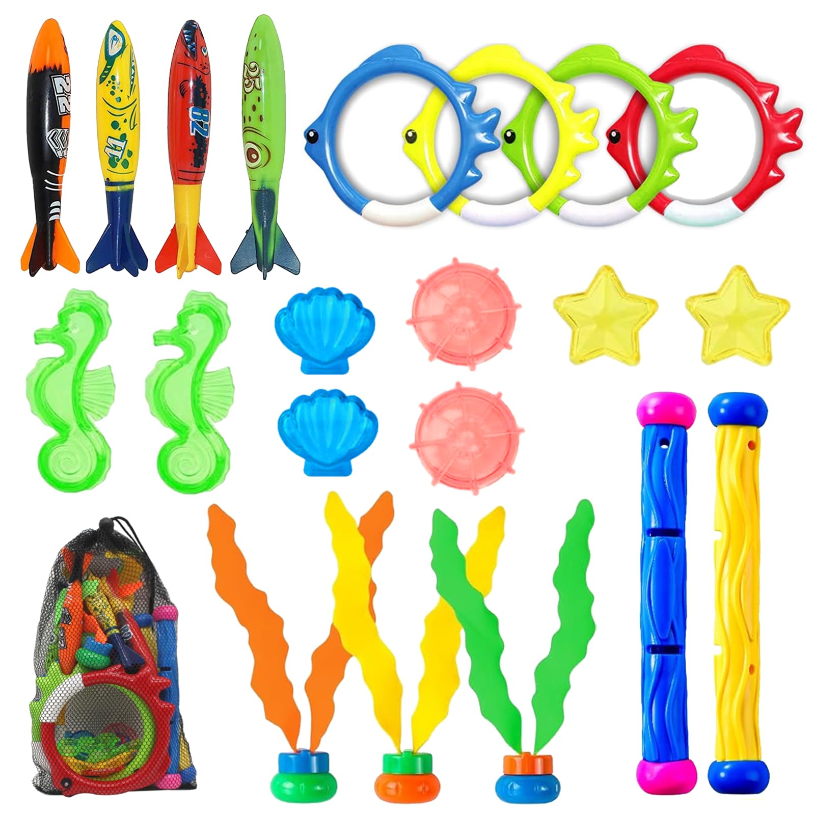 JDBlissful Juguete de Buceo para Niños, 22 Piezas Juegos de Agua Verano Piscina Juguetes para Nadar de Almacenamiento para Piscina, Apto para Niños a Partir de 5 Años