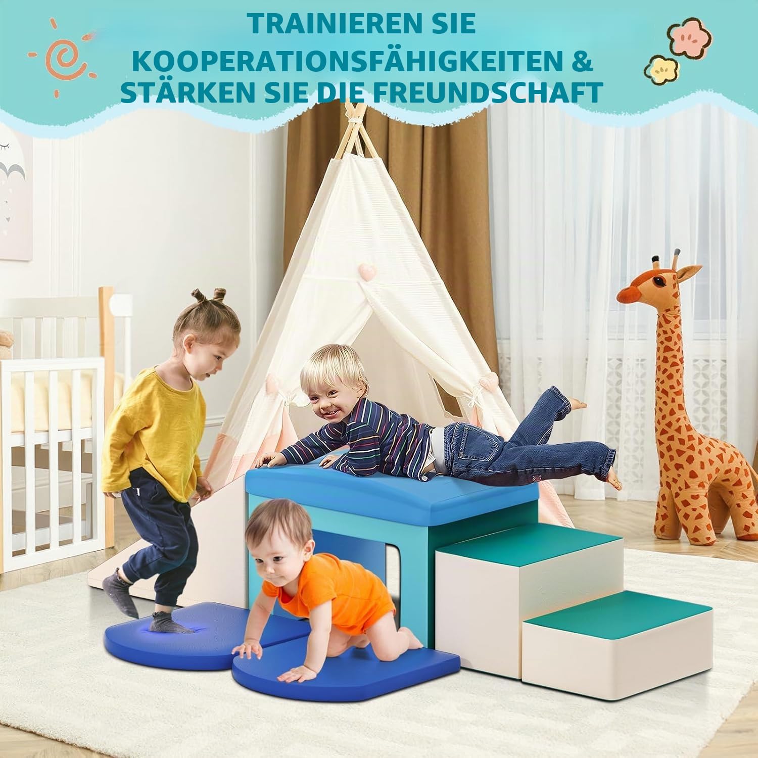5-teilige Schaumstoff Bausteine für Kinder, weiche Spielbausteine mit Klettverschluss, hochdichter Perlenschaum mit PU-Bezug, rutschfeste Motorikbausteine zum Klettern Krabbeln