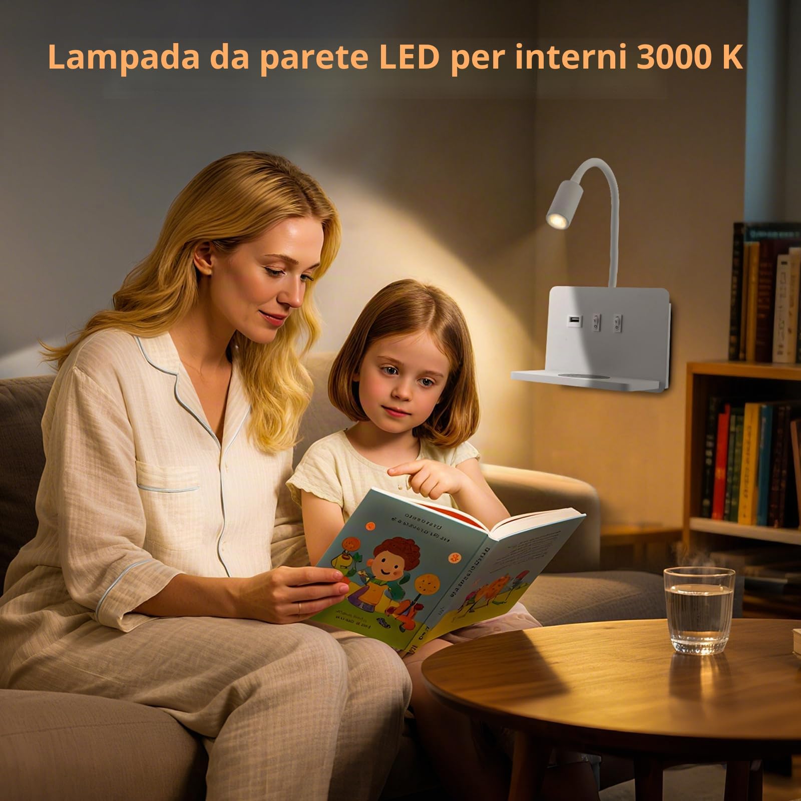 Lampada da lettura a parete con caricatore wireless, 9 W + 3 W, lampada da lettura con interruttore e ricarica USB, lampada da parete a LED, luce da lettura a 360°, con spina e cavo per camera da