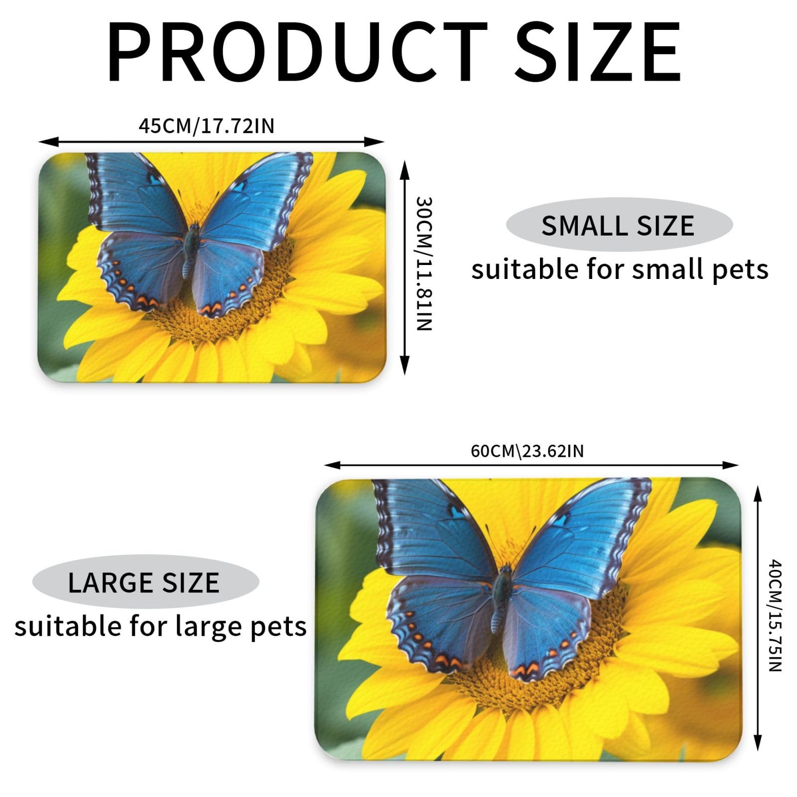 Futtermatte für Haustiere, Motiv: Sonnenblumen-blauer Schmetterling, saugfähig, PU-Leder, für Hunde und Katzen, schützt den Boden, rutschfeste Gummi-Unterseite, leicht zu reinigen, 40 x 60 cm