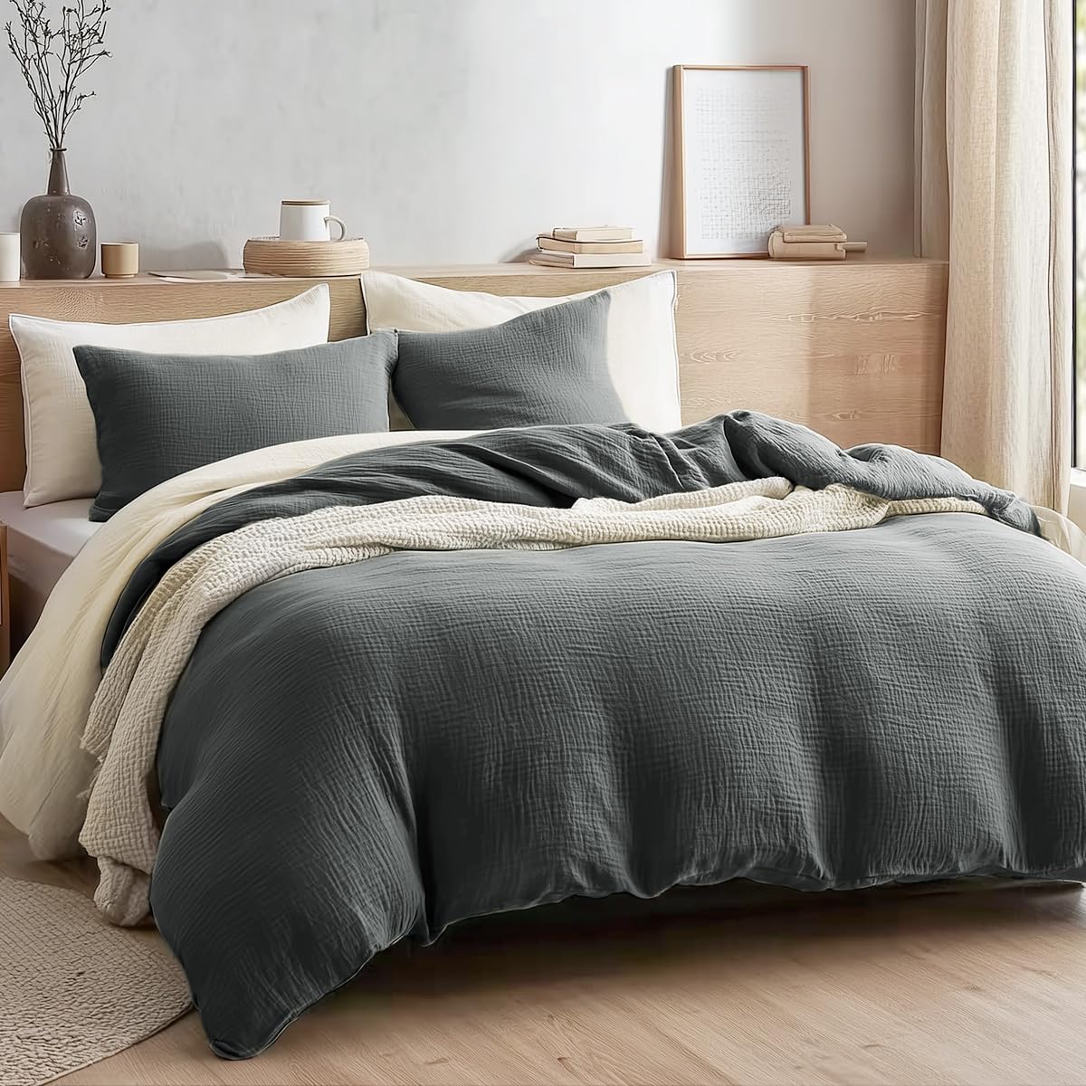 Sedefen Doppelte Musselin Bettwäsche 135x200 Baumwolle,Dunkelgrau Bettwäsche Sets Anthrazit ÖKO-TEX Bettwäsche mit Reißverschluss,Bettbezug mit 1 Kissenbezüge 80x80 cm