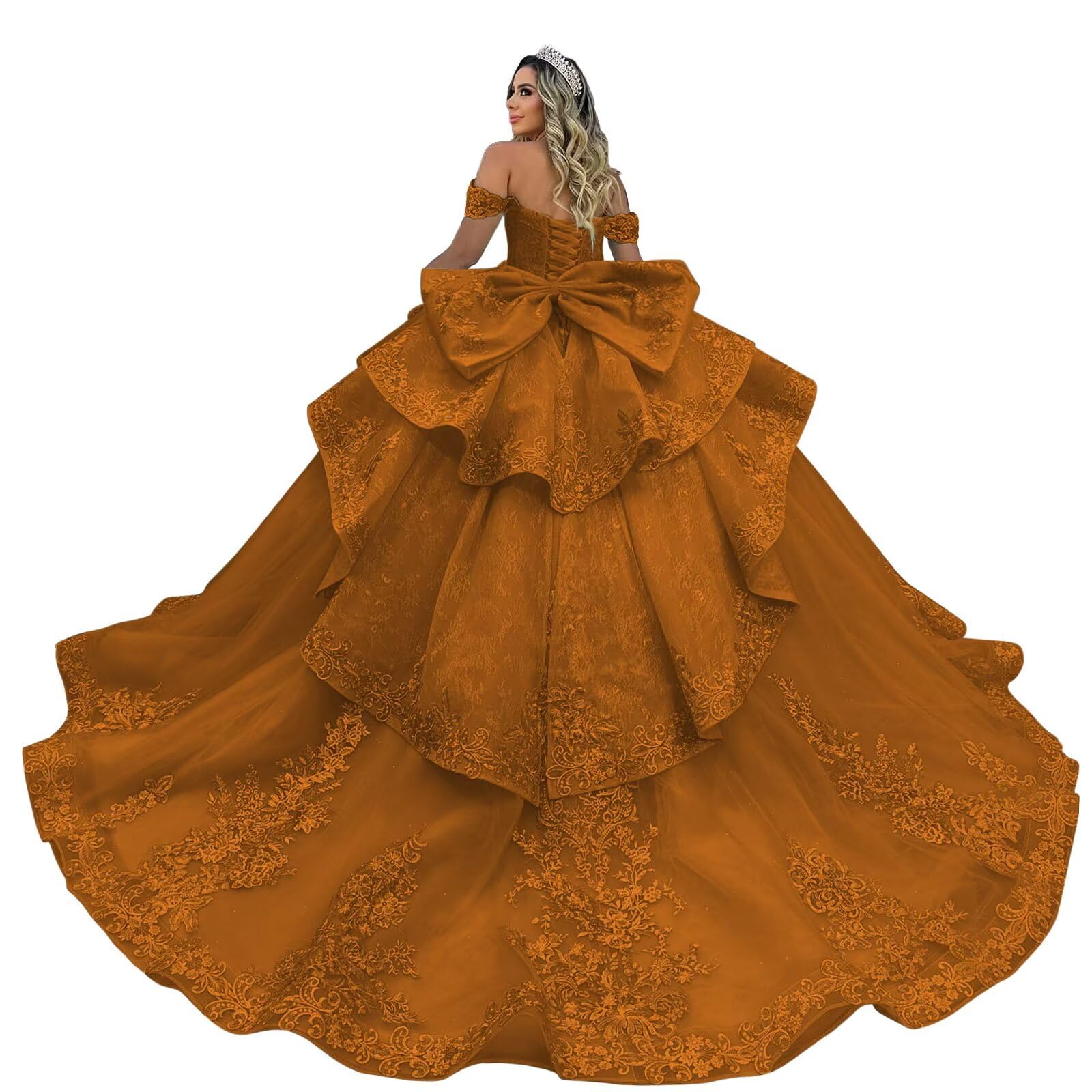 Zhangyo Off Shoulder Quinceanera Dresses Luxury Tiered Tulle Sweet 15 16 Dresses with Bow Sparkly Lace Beaded Ball Gown