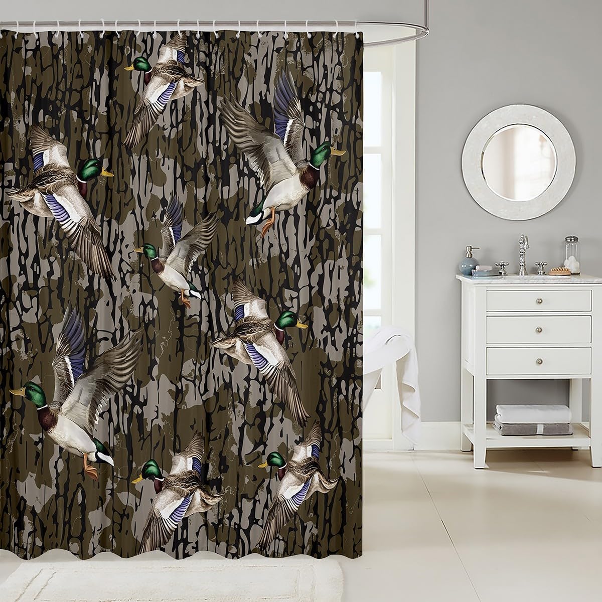 Feelyou Duck Camo Shower Curtain 72"x78" Army Camouflage Bathroom Shower Liner for Kids Teens Adults Duck Hunting Camo Bath Curtain Wild Animal Rustic Farmhouse All Season Waterproof