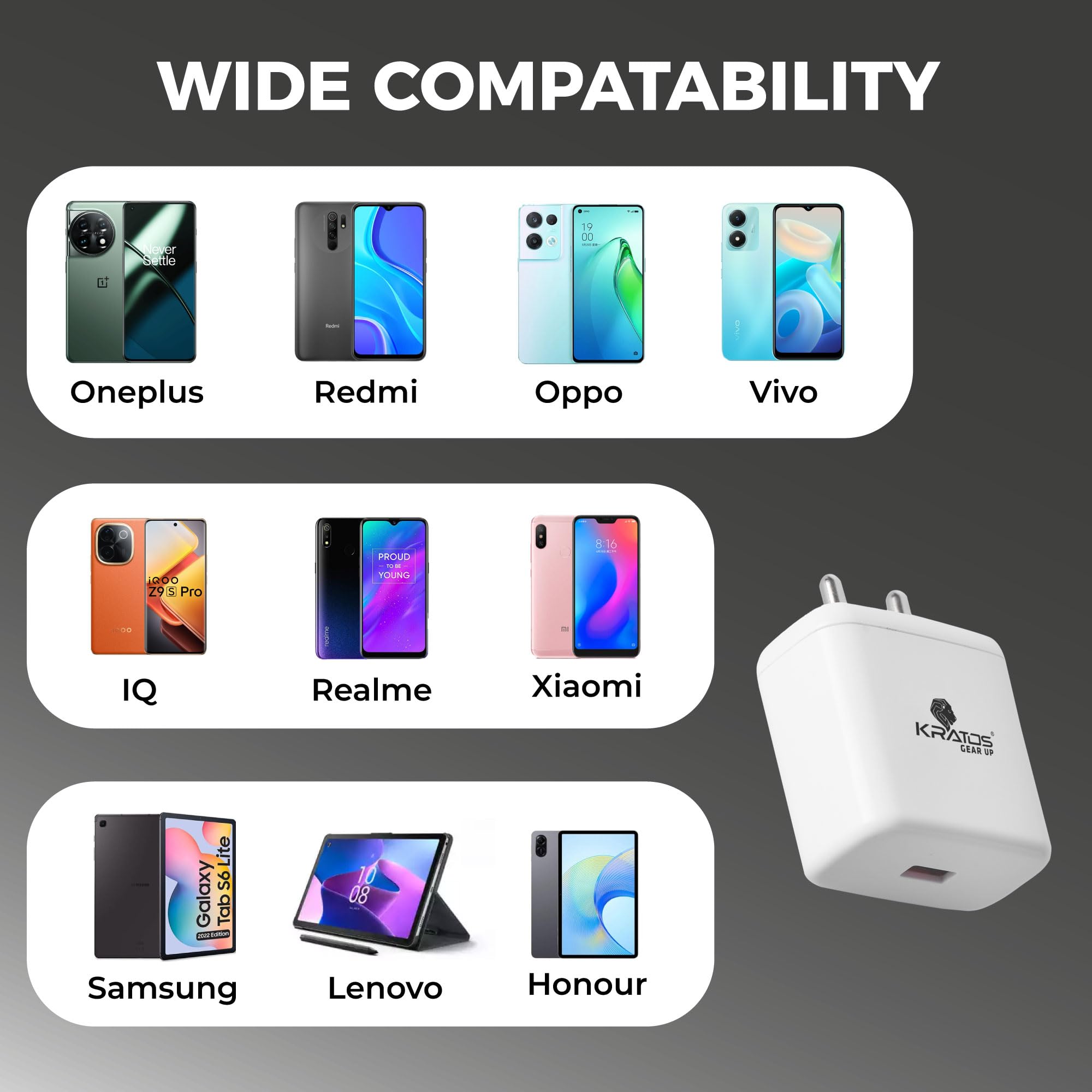 Kratos 65W Fast Charger Adapter & USB-A to Type C Cable Combo, Compatible with OnePlus, Realme, Xiaomi, Redmi, Oppo, Vivo & Other Smartphones, Type C Charger Supports Dash, Warp, Vooc,SuperVooc 4