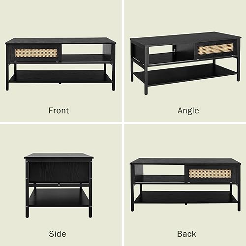 Miniatura 7 de Mesa de centro con puertas correderas de ratán natural, mesa de centro moderna de mediados de siglo con almacenamiento, mesa de centro de madera