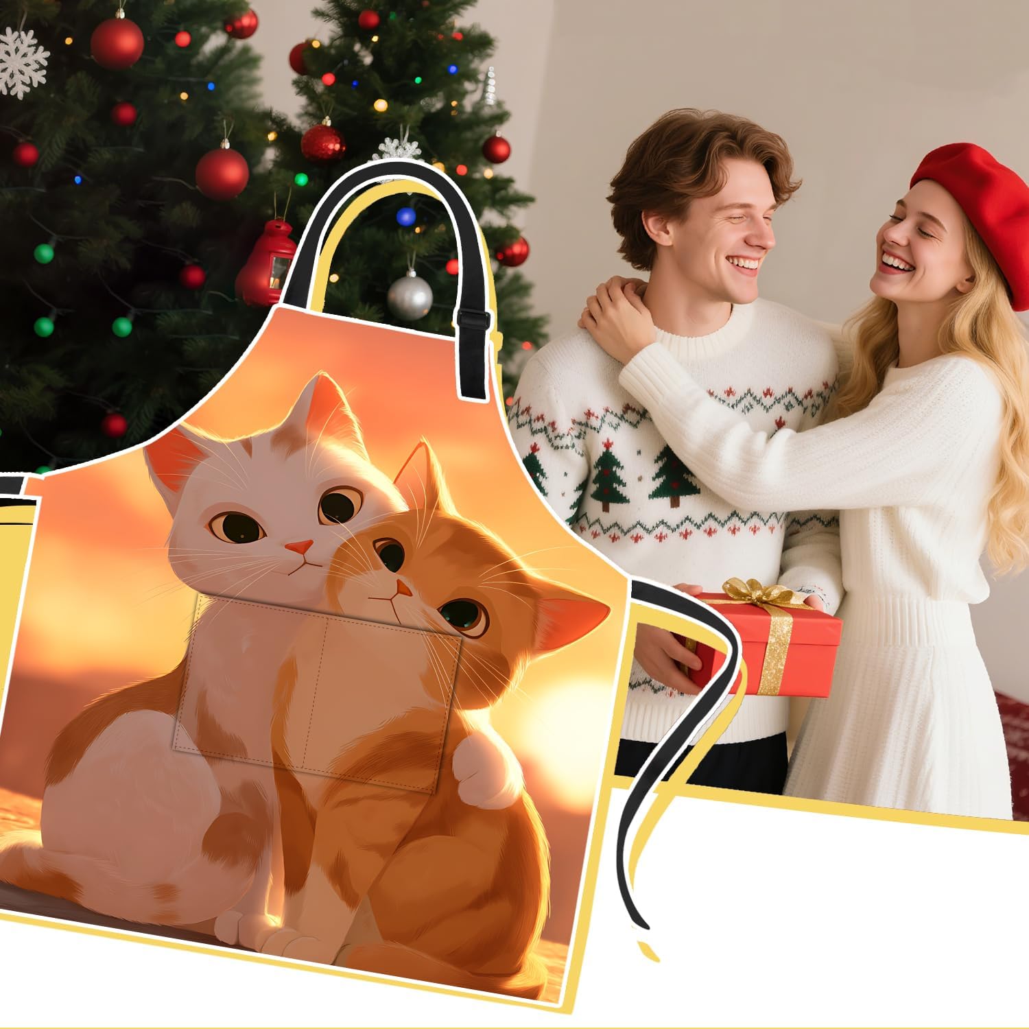 ANNA QUEEN Funny Cat Apron for Women Men with Pockets, Spring Sunflower Butterfly Apron Kitchen Chef Cooking Aprons