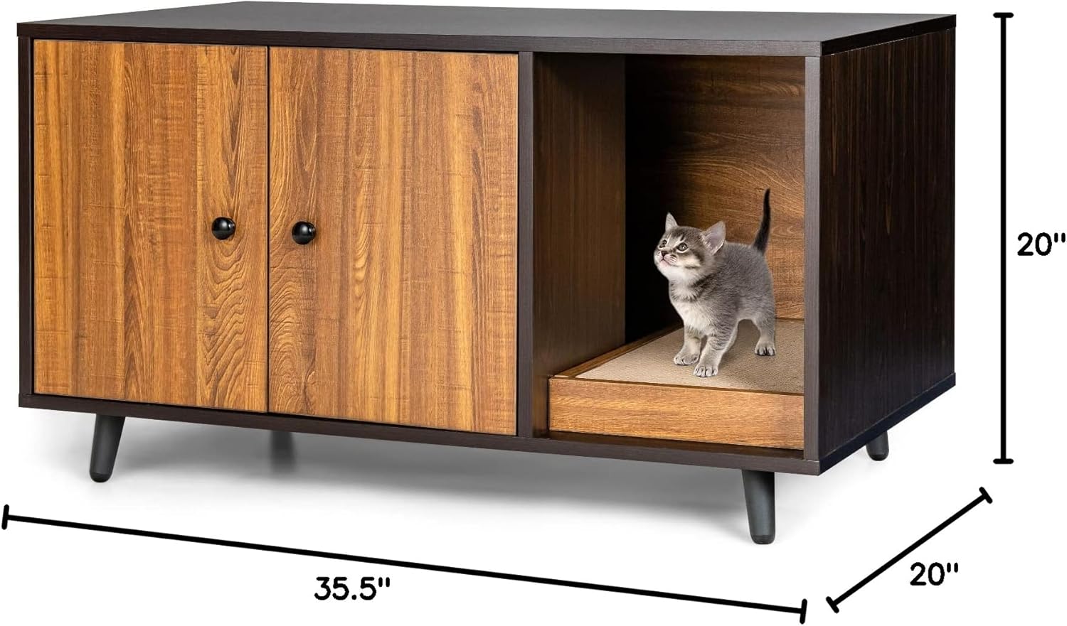 Tangkula Cat Litter Box Enclosure, Cat Washroom W/Divider, Scratching Pad, Metal Leg, Enclosed Cat Box Cabinet Pet House W/Double Doors, Litter Box Furniture Hidden for Large Cat (Walnut & Black)