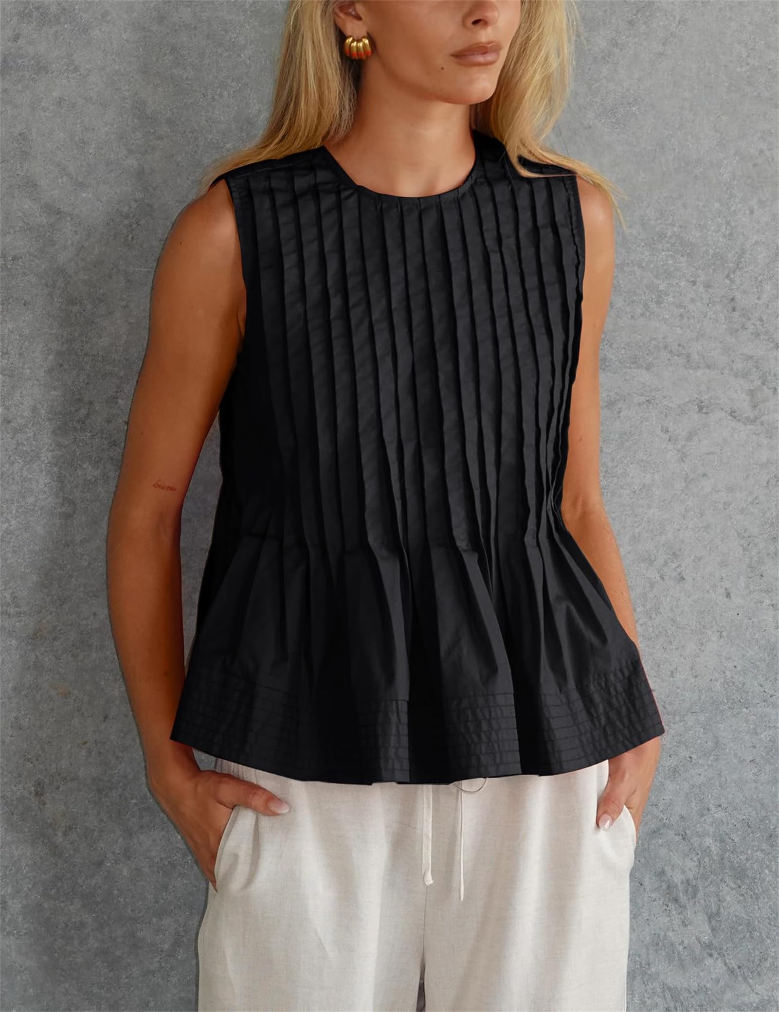 Damska letnia plisowana bluzka bez rękawów z peplum, śliczne plisowane koszulki bez rękawów z falbanką na ramiączkach tank top