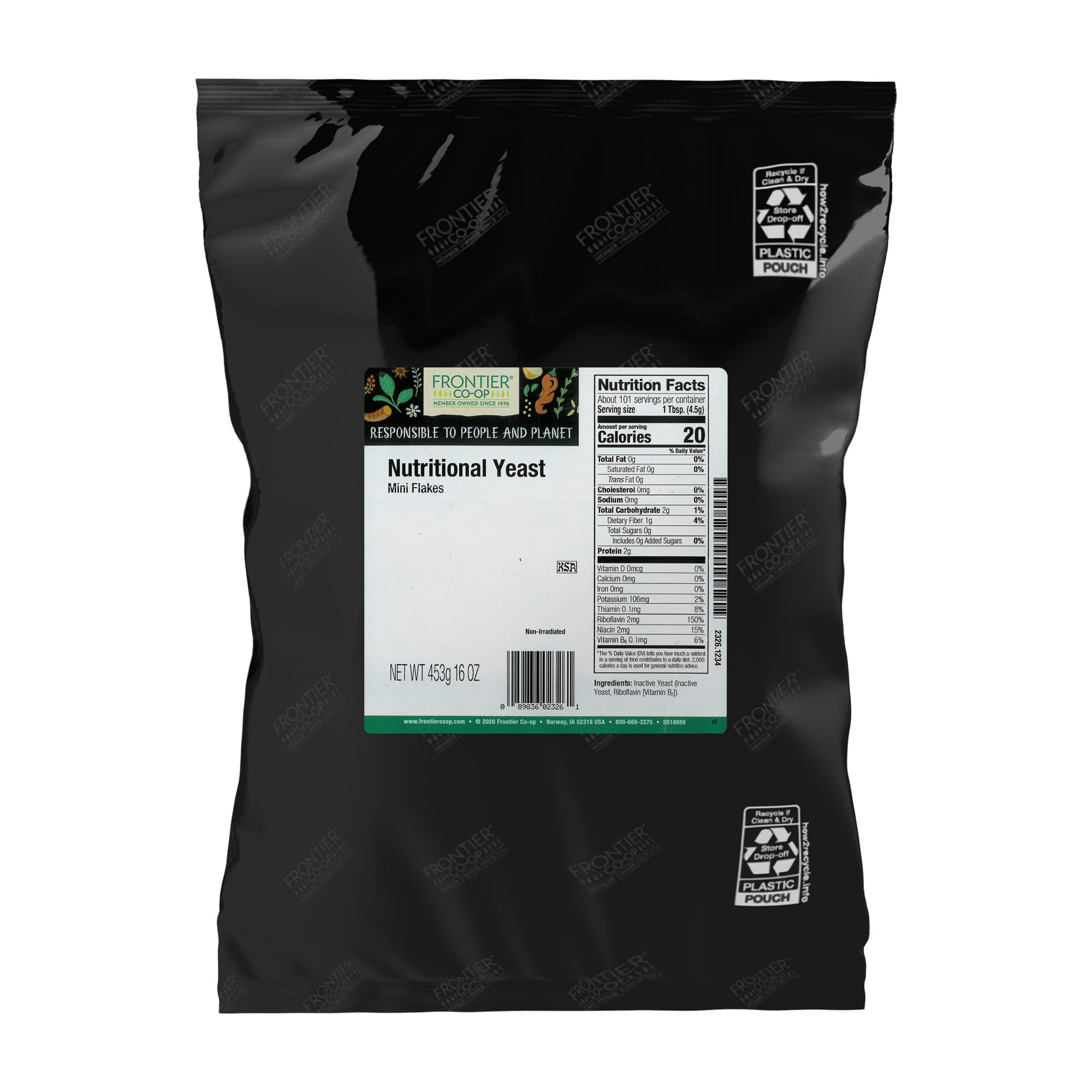 Frontier Co-op Nutritional Yeast Flakes, 1 lb Bulk Bag - Vegan, Fortified, Kosher, Non-Irradiated Seasoning, Dairy-Free Cheese Flavor, Rich in B Vitamins