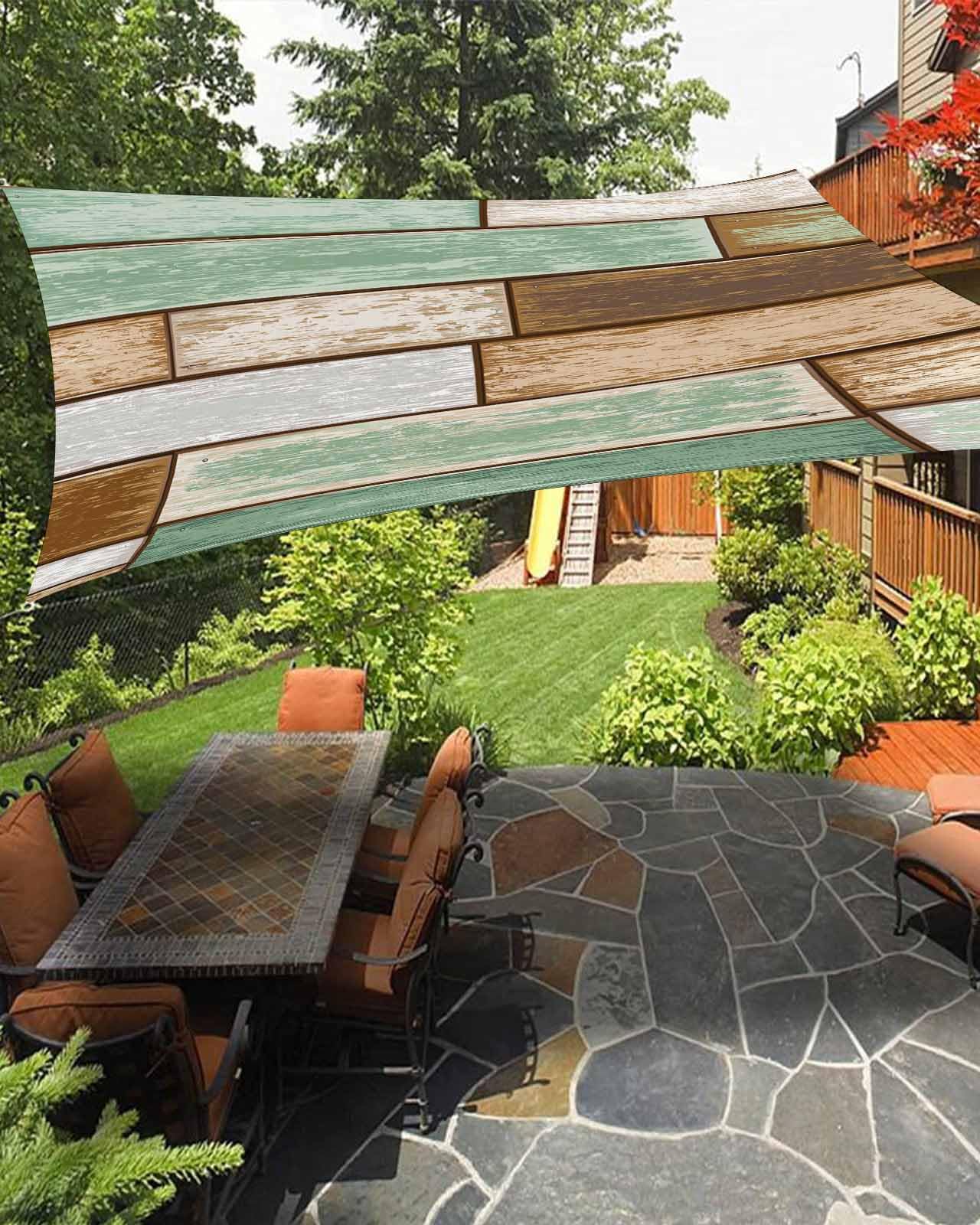 Boanket Sun Shade Sail 14' x 18', Farmhouse Teal Brown Large Heavy Duty Outdoor Shades Sun Screen, Country Vintage Wooden Shade Cloth for Patio Deck Terrace Garden Lawns Beach Backyard