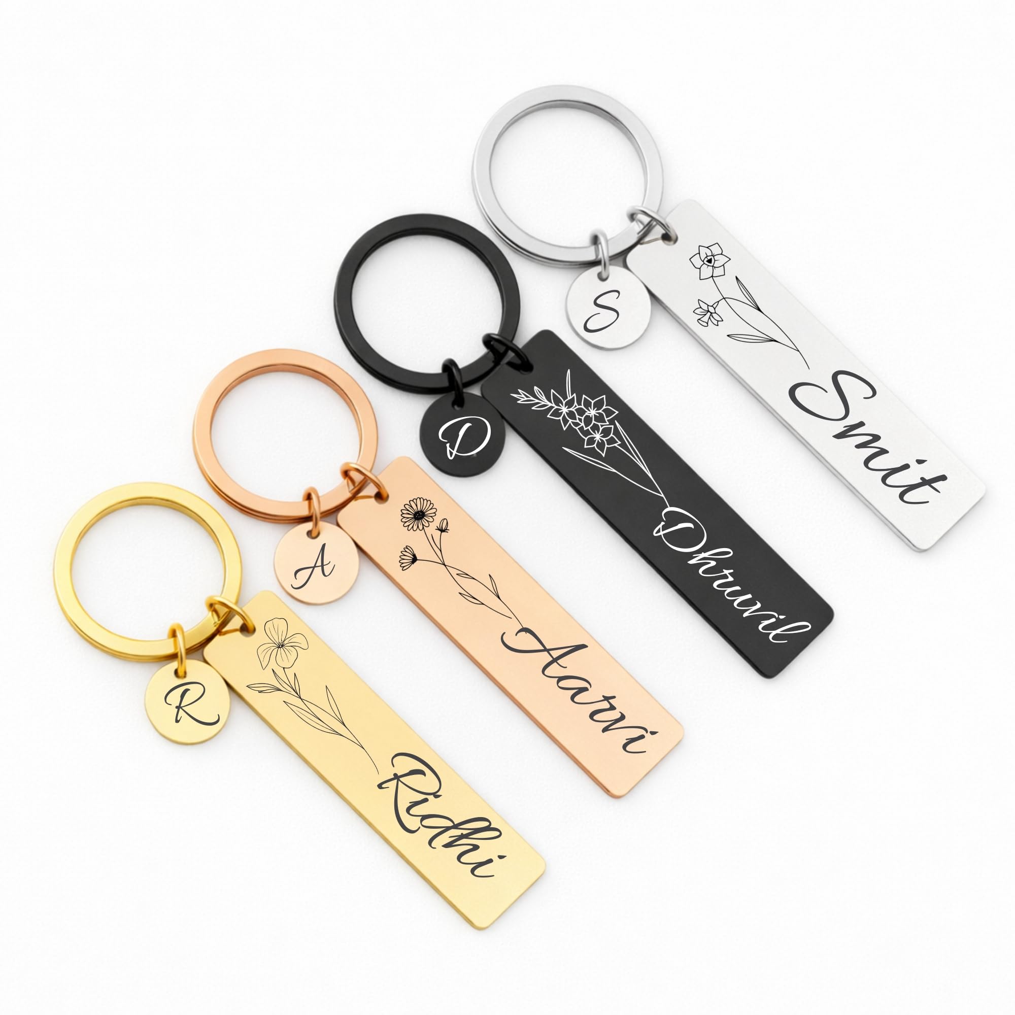 Personalized Double-Sided Stainless Steel Keychain, Custom Name and Birth Flower Engraving, Initial Charm-image-40