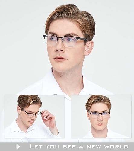 Miniatura 3 de SKYOAK Templos decorativos de fibra de carbono prémium progresivos multienfoque para hombre, lentes de lectura multifocales de metal azul claro