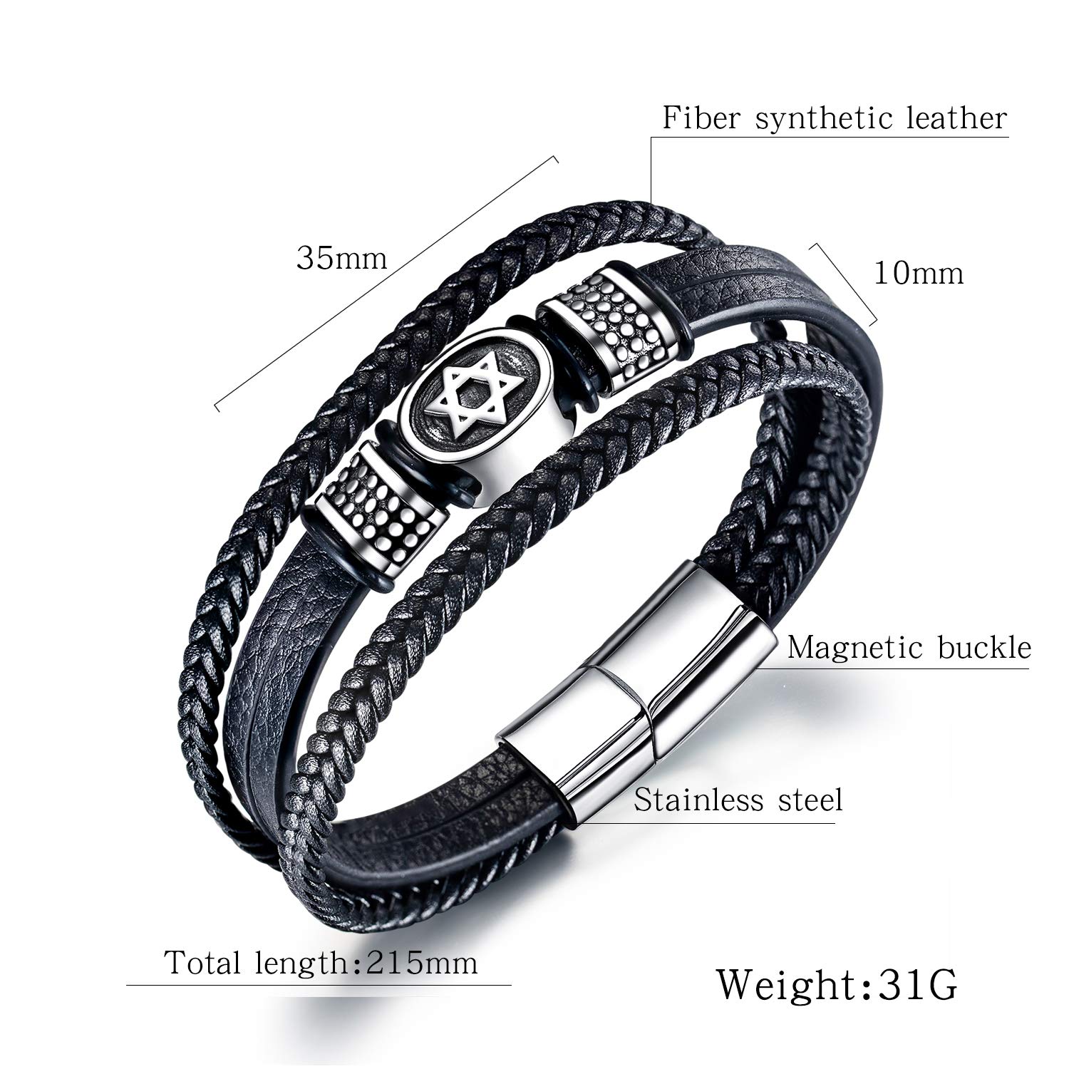 Pulsera de cuero negro para hombre, pulsera de cuero trenzado multicapa Magen Star of David, joyería judía, Cuero 2