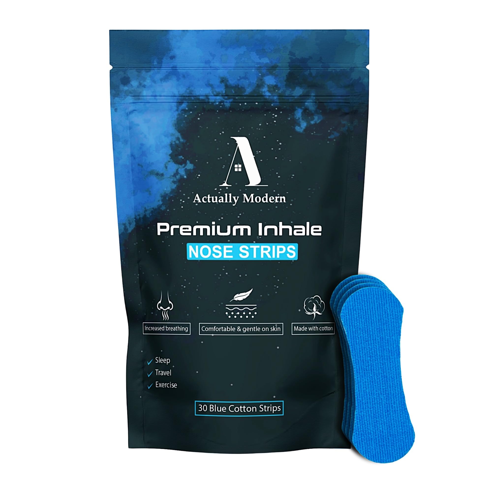 Inhale Nasal Strips for Sleeping - Nose Tapes for Breathing - Anti Snoring Solution & Nasal Congestion Relief Nasal Tape - Universal Fit, Extra Strength for Sensitive Skin (Blue)