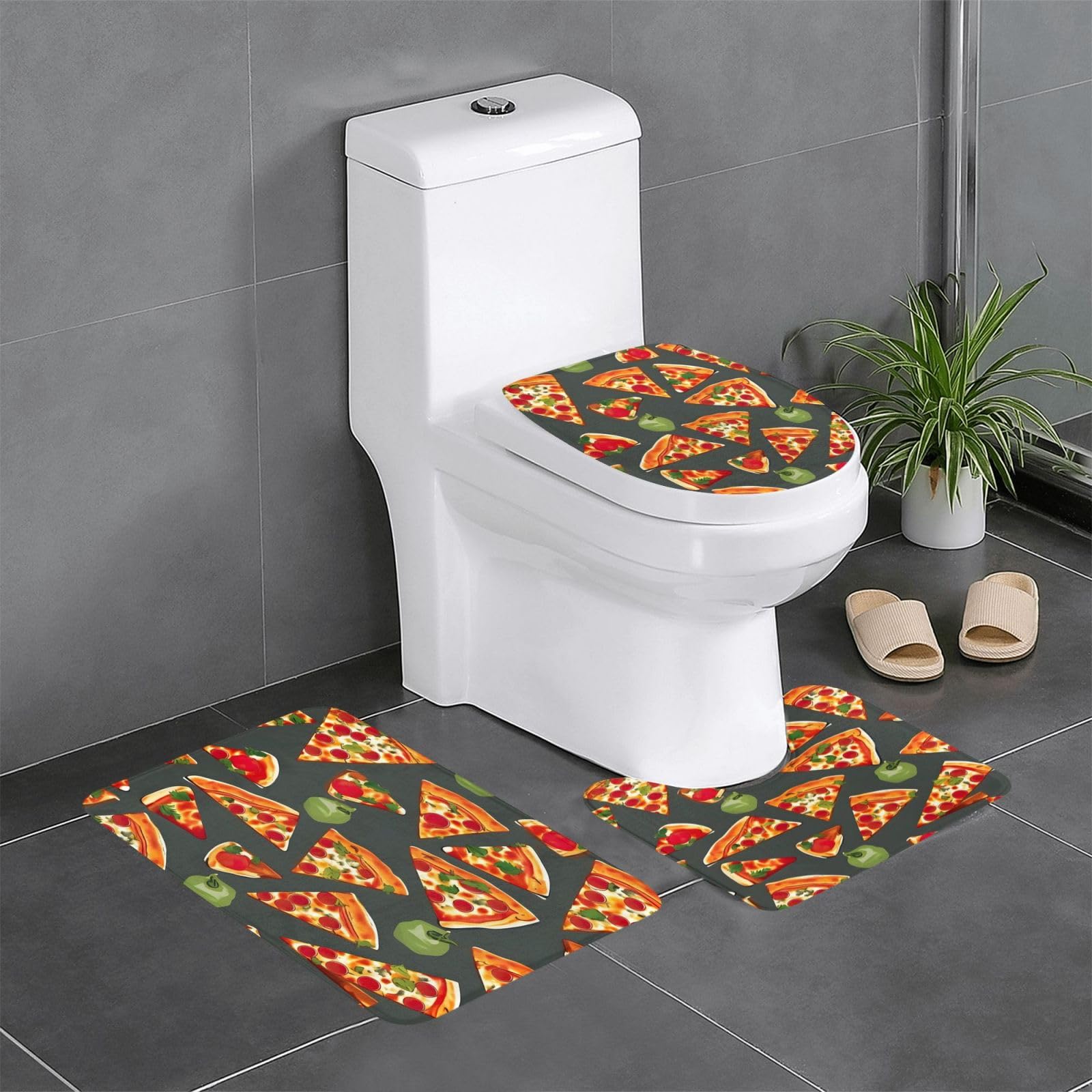 Paillasson pizza original avec ensemble tapis de bain lavable et contour WC