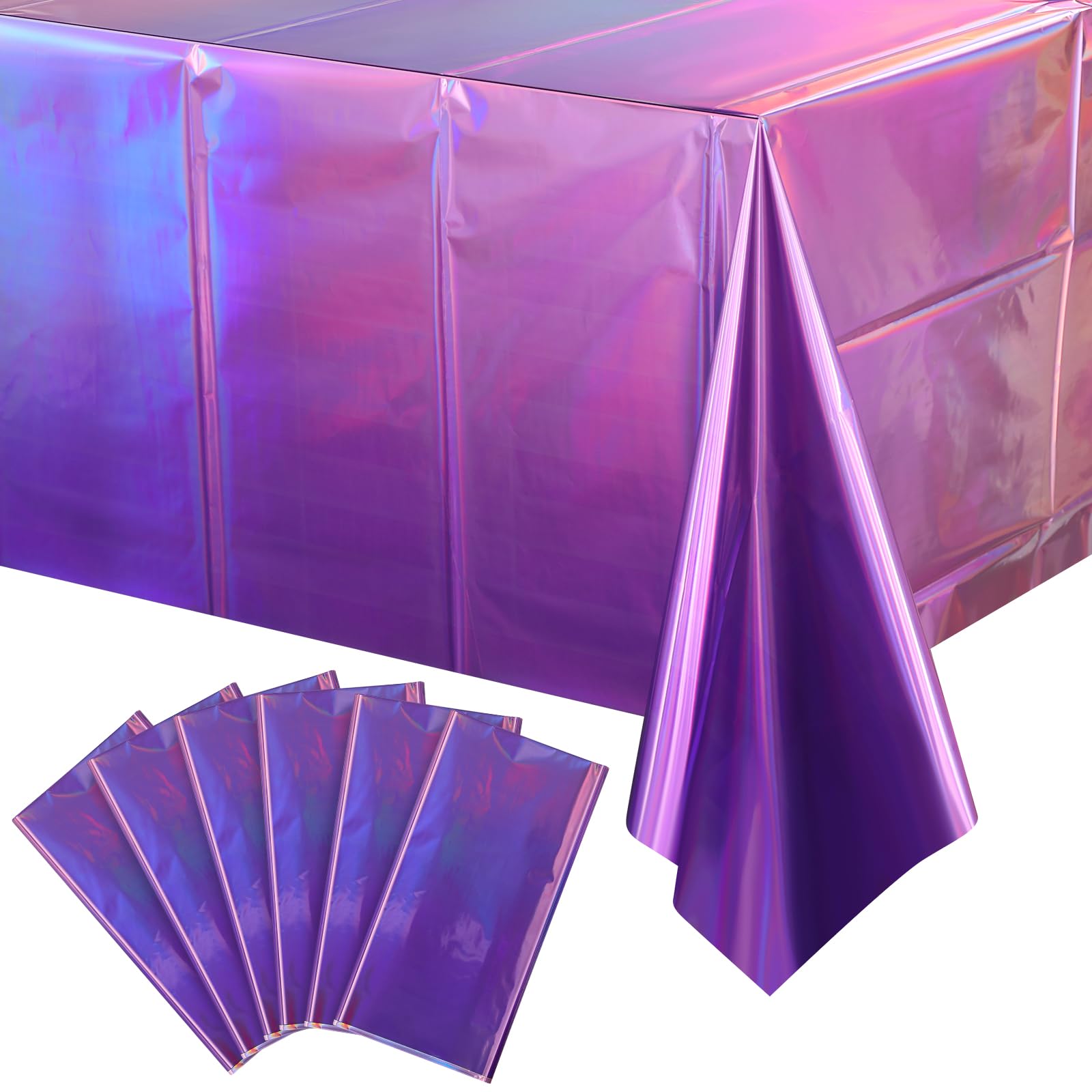 6 Pack Ombre Iridescent Pink and Purple Plastic Tablecloths, Shiny Disposable Laser Rectangle Table Covers Holographic Foil Tablecloth Iridescent Kpop Birthday Bridal Party Decoration, 54x108 Inch