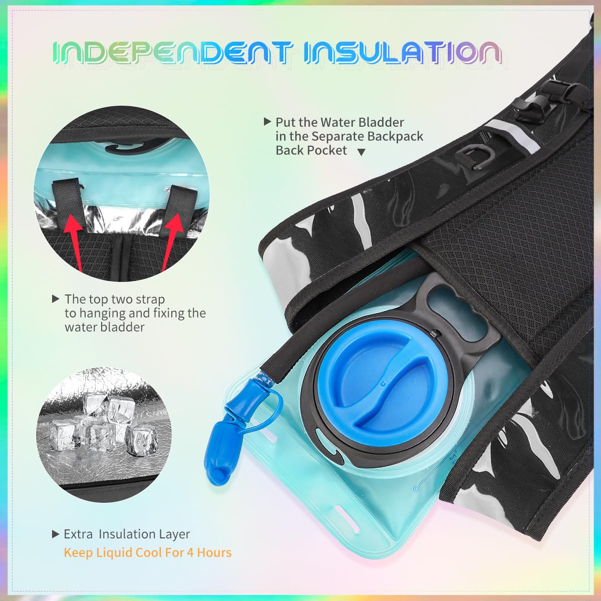 Mochila de hidratación con bolsa de agua de 2 L, mochila de agua para raves, mochila de hidratación de aislamiento ligero para hombres y mujeres, adecuada para festivales de música, raves