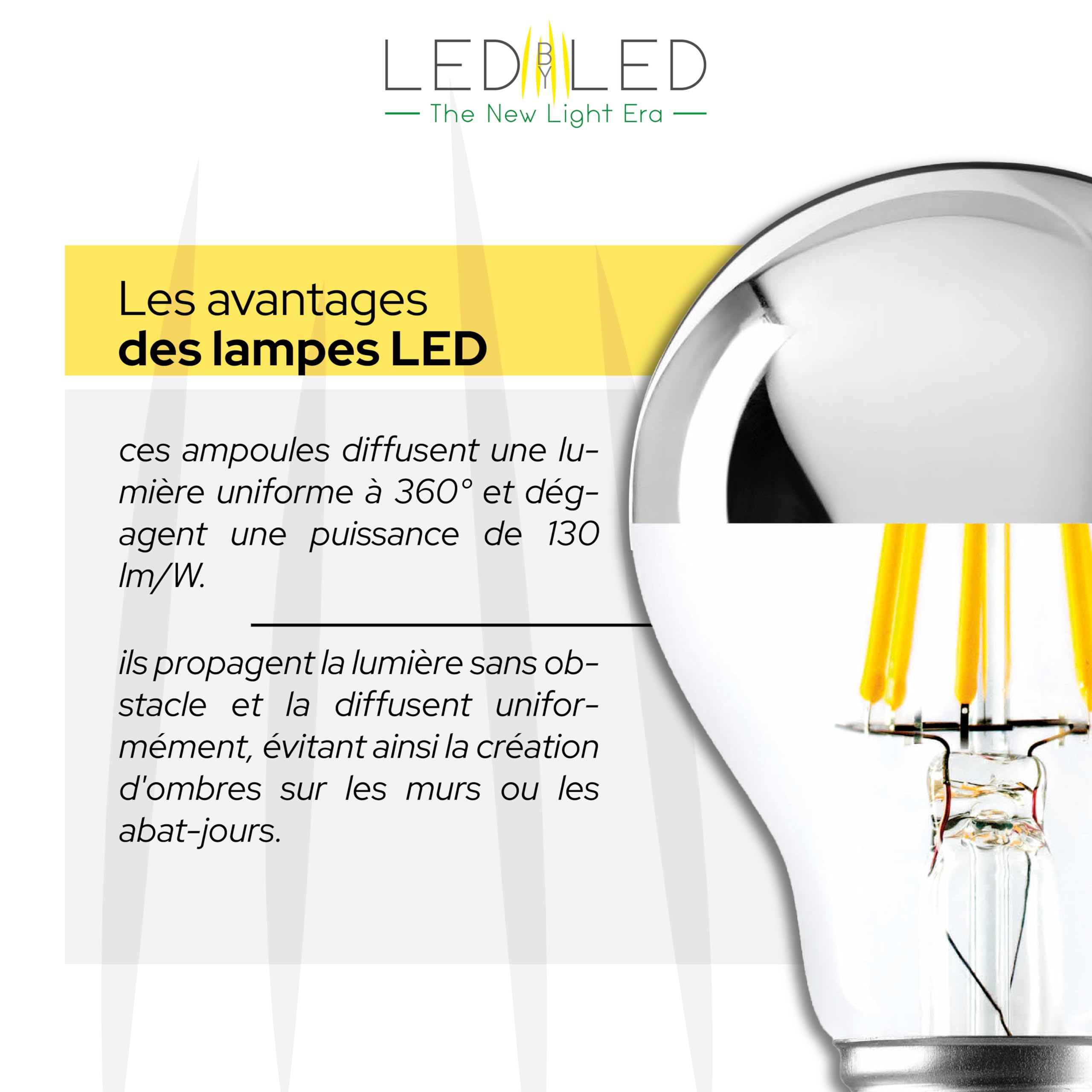 Ampoule goutte miroir 6W Équivalent à 60W, E27, verre miroir transparent argenté, 2700K lumière chaude, filament LED droit, 780 lumens, lot de 10 pièces