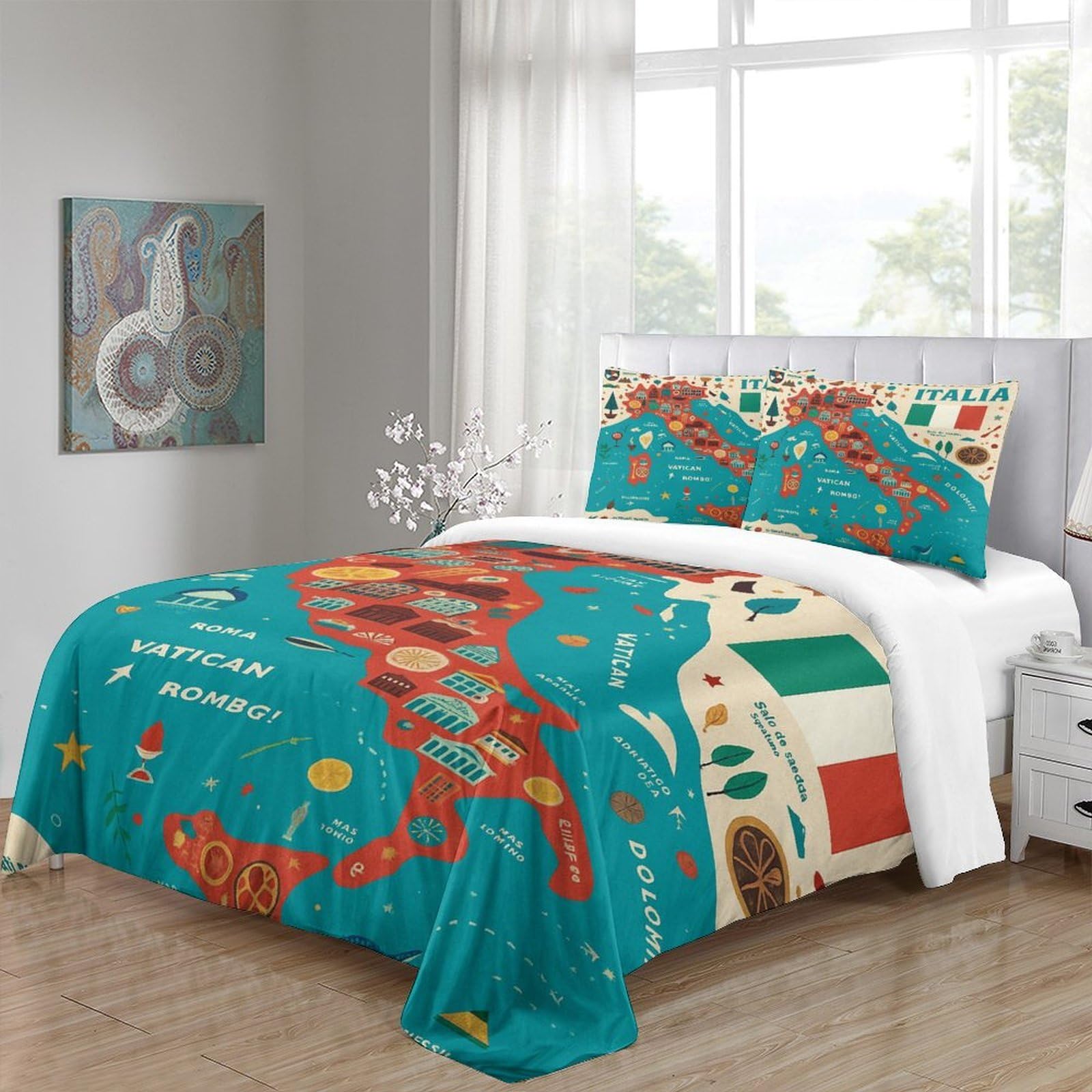 Guía de Viaje de Italia Impresión 3D 3 Piezas cubrecama Estilo de Mapa ilustrado Funda de edredón Microfibra Transpirable Cierre Cremallera para Chicos bebés Mujeres King（220x240cm）