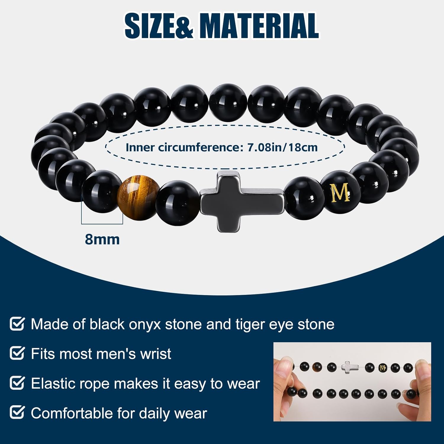 Mens Cross Bead Bracelet with Initials, Christian Rosary Obsidian A-Z Letter Black Onyx Tigers Eye Beaded Bracelet, Faith Religious Easter Catholic Communion Baptism Christmas Jewelry Gift for Men - Image 5