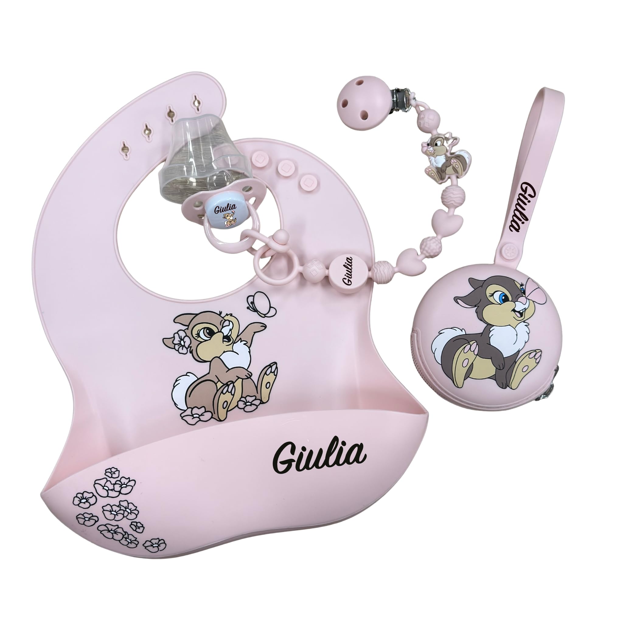 Catenella Portaciuccio in Silicone Personalizzata con Nome – Modello Bubble Charm – Clip Sicura – Idea Regalo Nascita - Coniglietta - Ultra leggera
