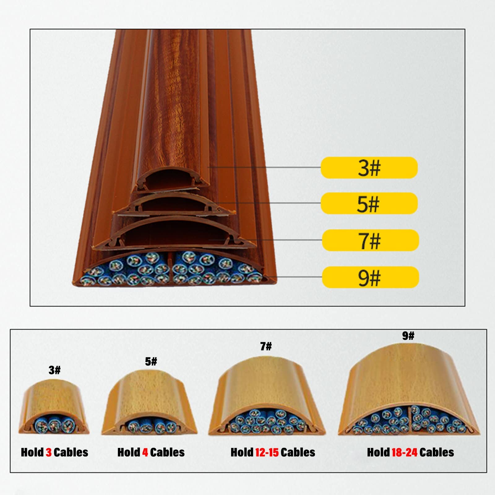Goulotte Passe Cable Cache-câbles Couleur Noyer, Kit De Gestion De Câbles pour Sol Et Mur, Cordons d'alimentation Auto-adhésifs(Store 15 Cables)